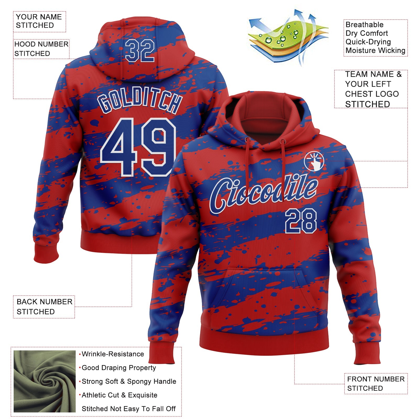 Custom Stitched Red Royal-White Splash Torn Paper Style Sports Pullover Sweatshirt Hoodie view 4