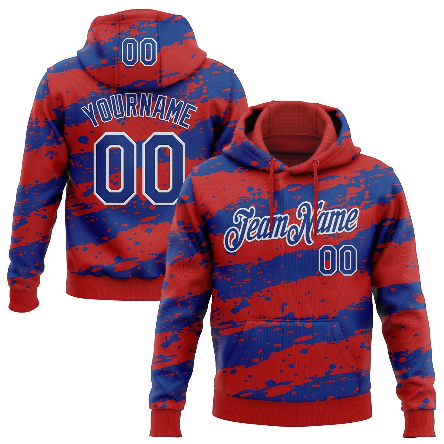 Custom Stitched Red Royal-White Splash Torn Paper Style Sports Pullover Sweatshirt Hoodie - Main View