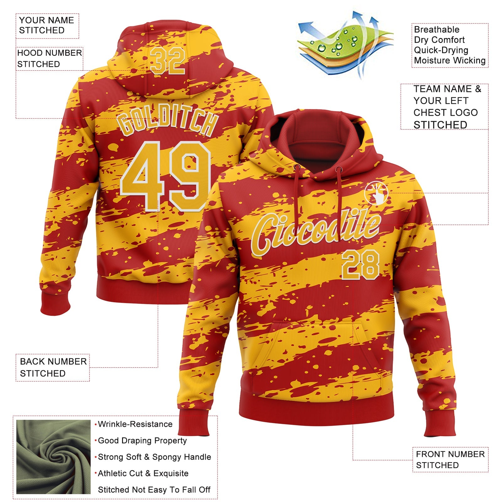 Custom Stitched Red Gold-White Splash Torn Paper Style Sports Pullover Sweatshirt Hoodie view 4