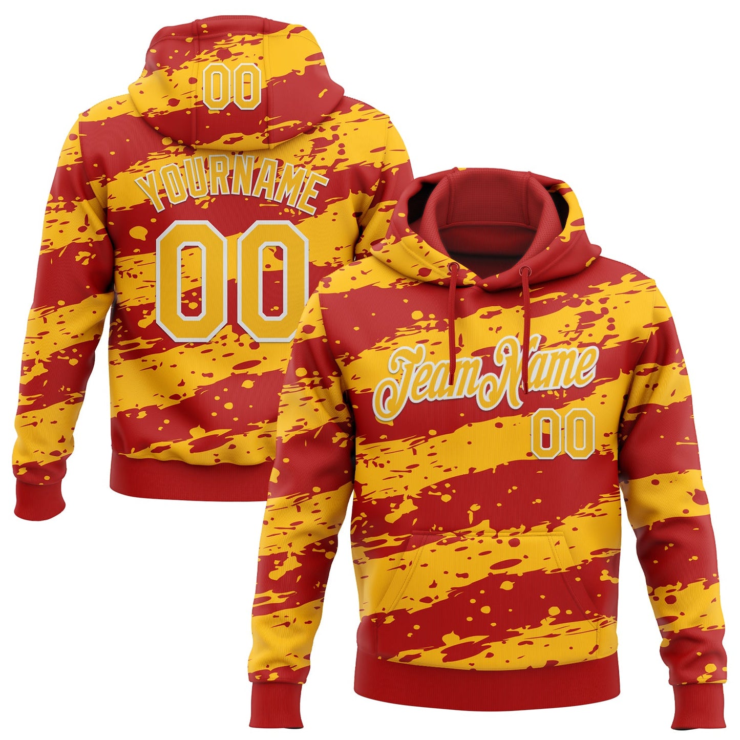 Custom Stitched Red Gold-White Splash Torn Paper Style Sports Pullover Sweatshirt Hoodie - Main View