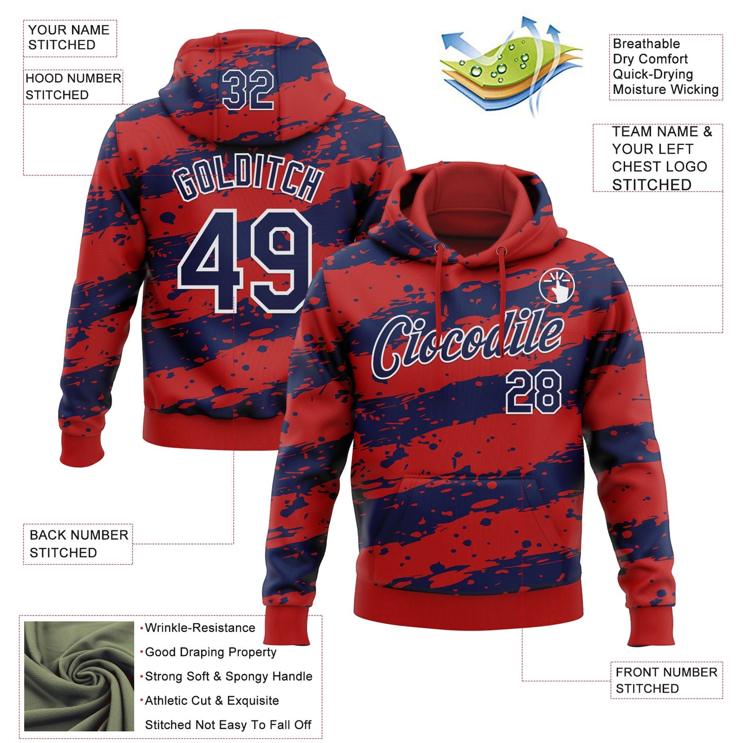 Custom Stitched Red Navy-White Splash Torn Paper Style Sports Pullover Sweatshirt Hoodie view 4