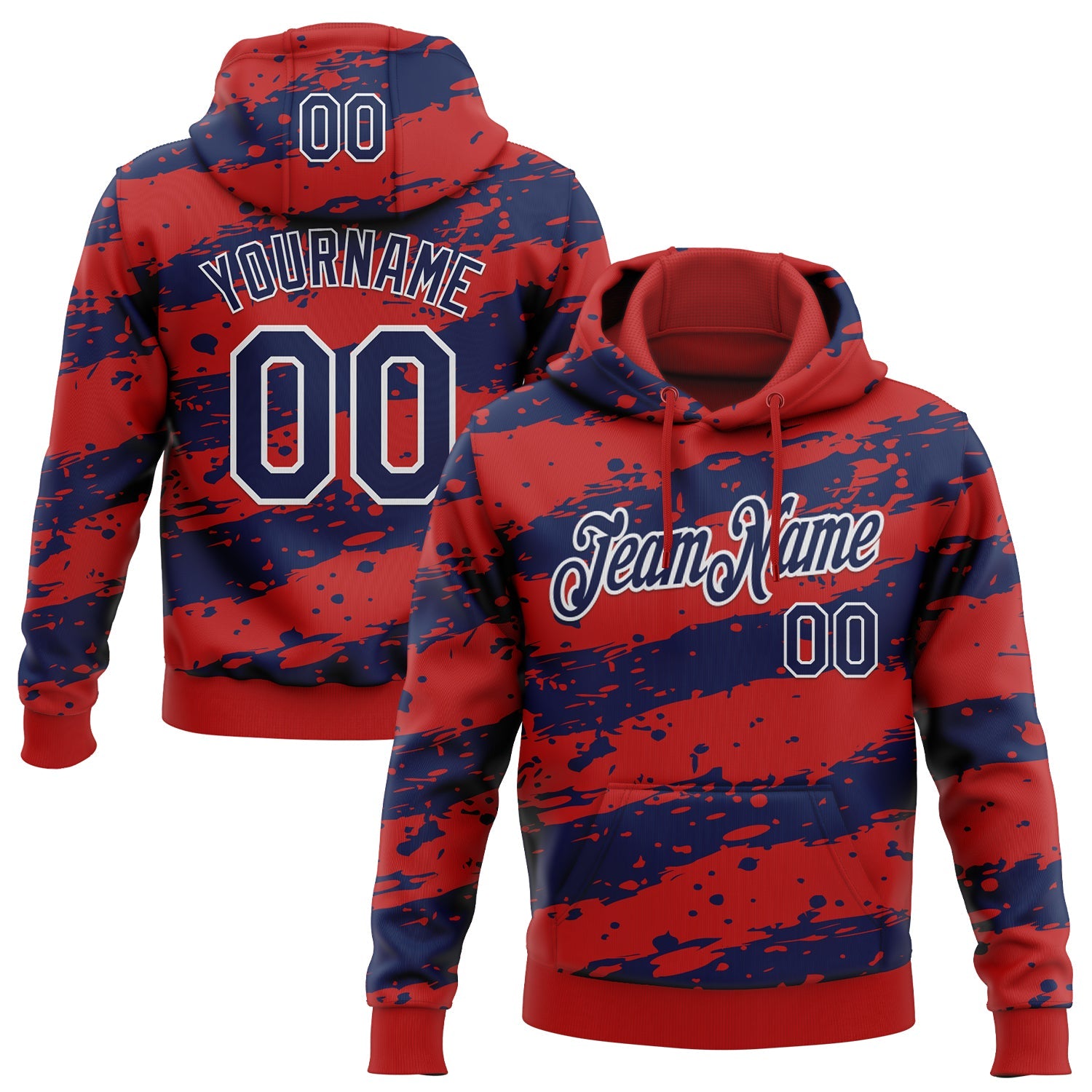 Custom Stitched Red Navy-White Splash Torn Paper Style Sports Pullover Sweatshirt Hoodie - Main View