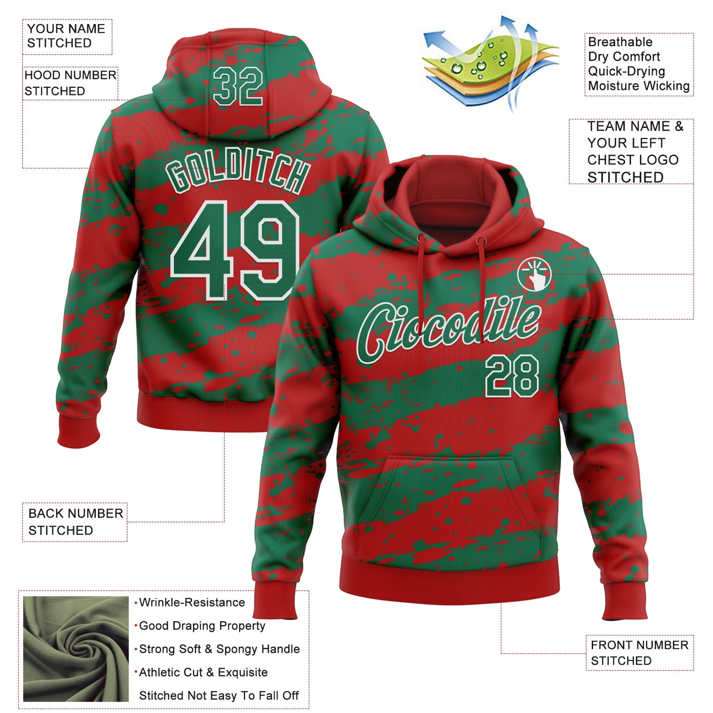 Custom Stitched Red Kelly Green-White Splash Torn Paper Style Sports Pullover Sweatshirt Hoodie view 4