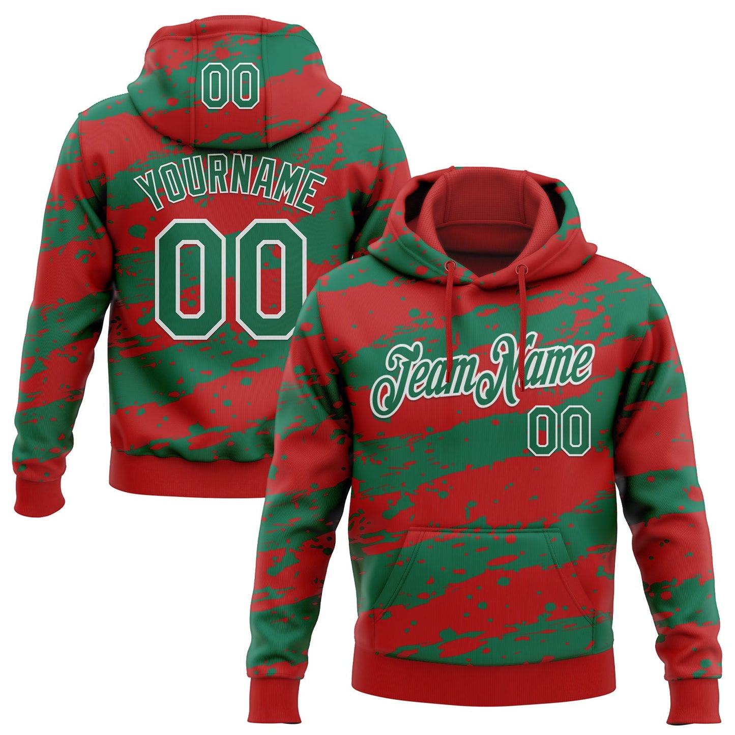 Custom Stitched Red Kelly Green-White Splash Torn Paper Style Sports Pullover Sweatshirt Hoodie - Main View