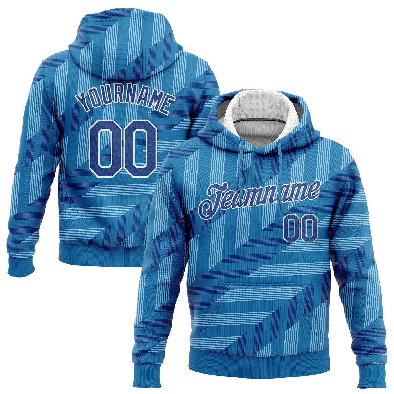 Custom Stitched Powder Blue Royal-White 3D Pattern Design Sports Pullover Sweatshirt Hoodie - Main View