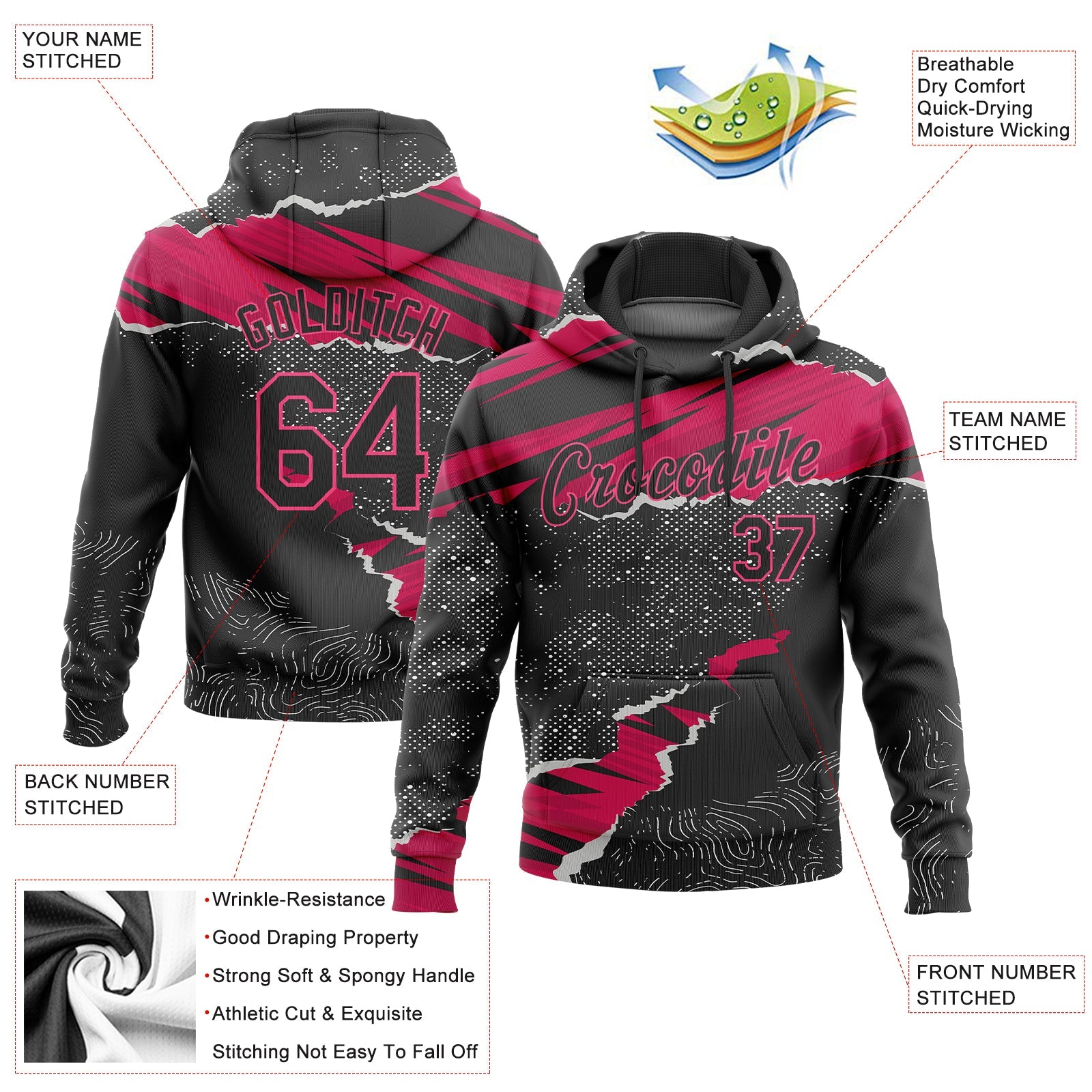 Custom Stitched Black Pink-White 3D Pattern Design Torn Paper Style Sports Pullover Sweatshirt Hoodie view 2