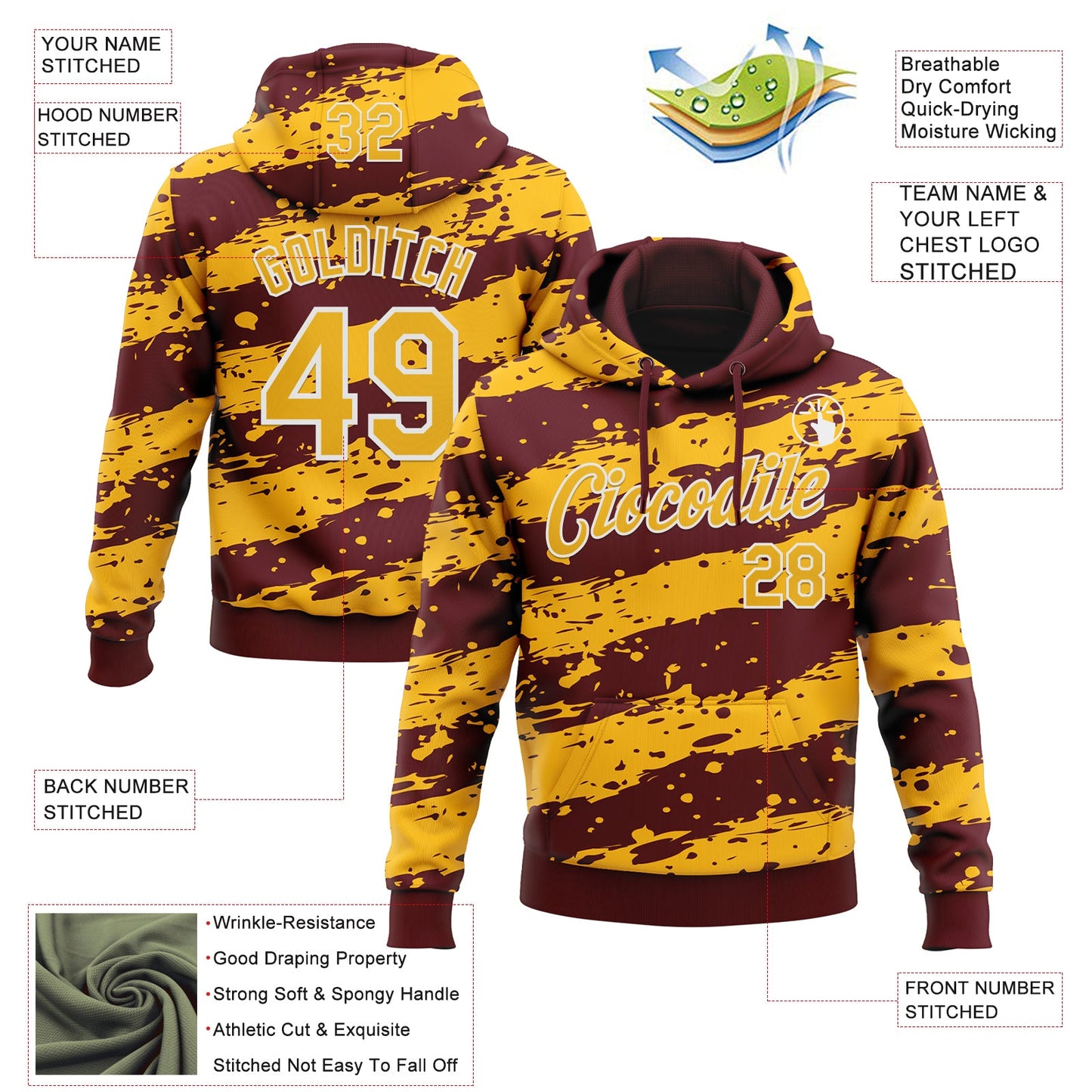 Custom Stitched Burgundy Gold-White Splash Torn Paper Style Sports Pullover Sweatshirt Hoodie view 4