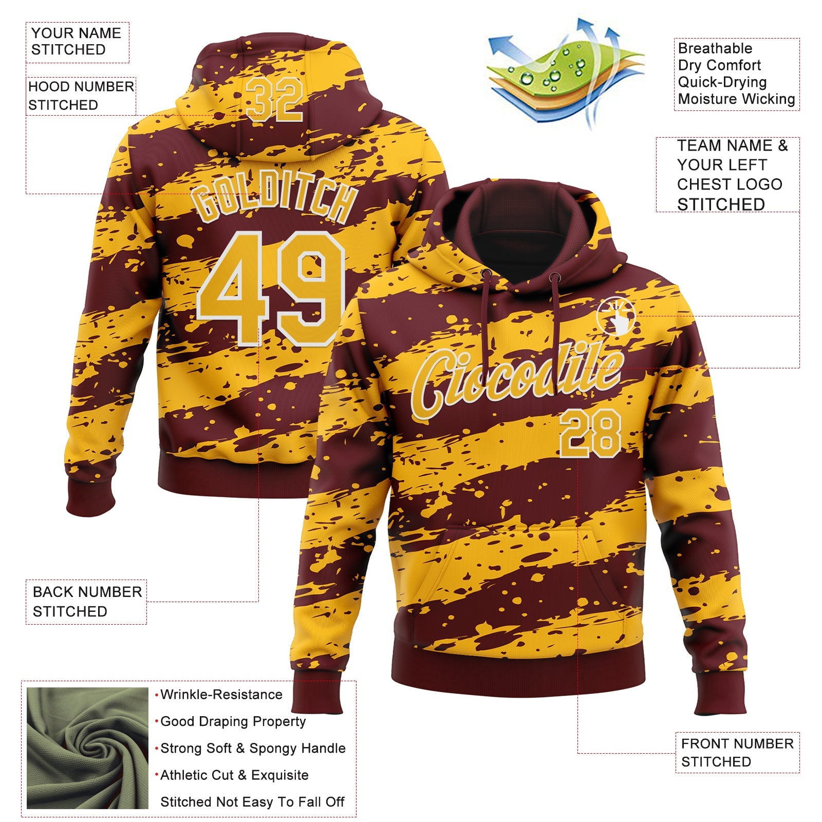 Custom Stitched Burgundy Gold-White Splash Torn Paper Style Sports Pullover Sweatshirt Hoodie view 4