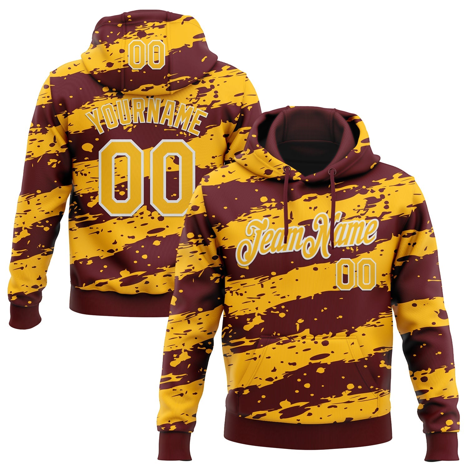Custom Stitched Burgundy Gold-White Splash Torn Paper Style Sports Pullover Sweatshirt Hoodie - Main View