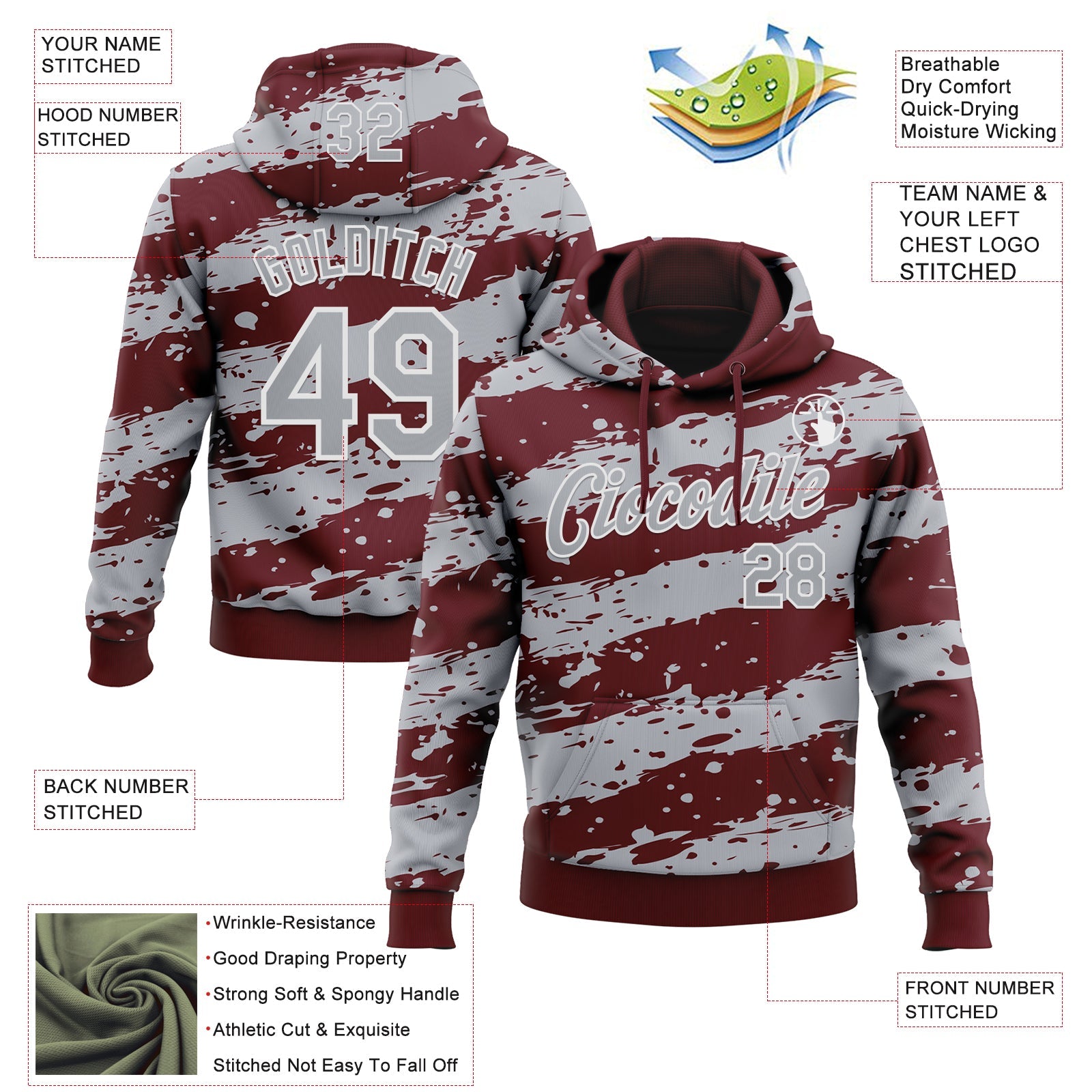 Custom Stitched Burgundy Gray-White Splash Torn Paper Style Sports Pullover Sweatshirt Hoodie view 4