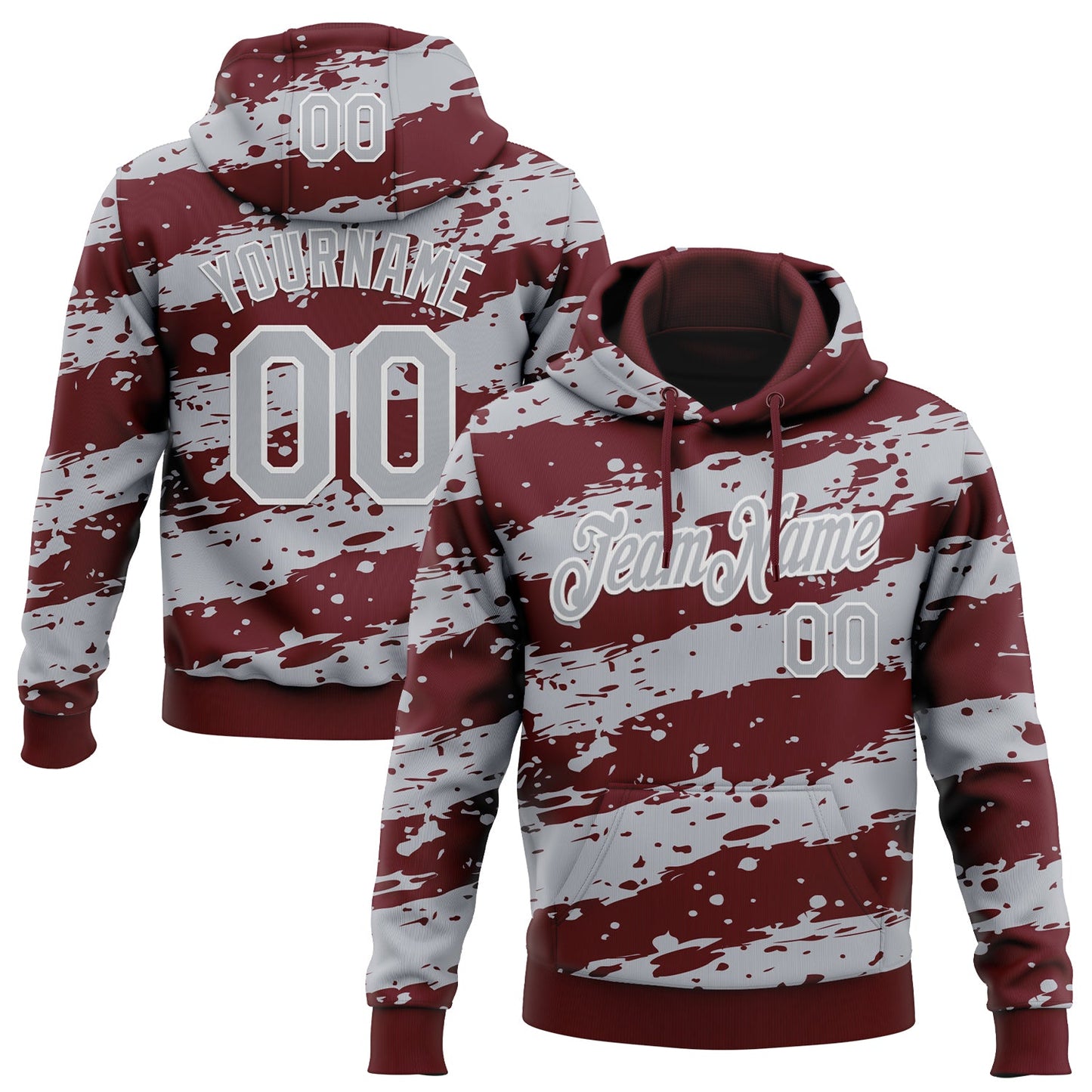 Custom Stitched Burgundy Gray-White Splash Torn Paper Style Sports Pullover Sweatshirt Hoodie - Main View
