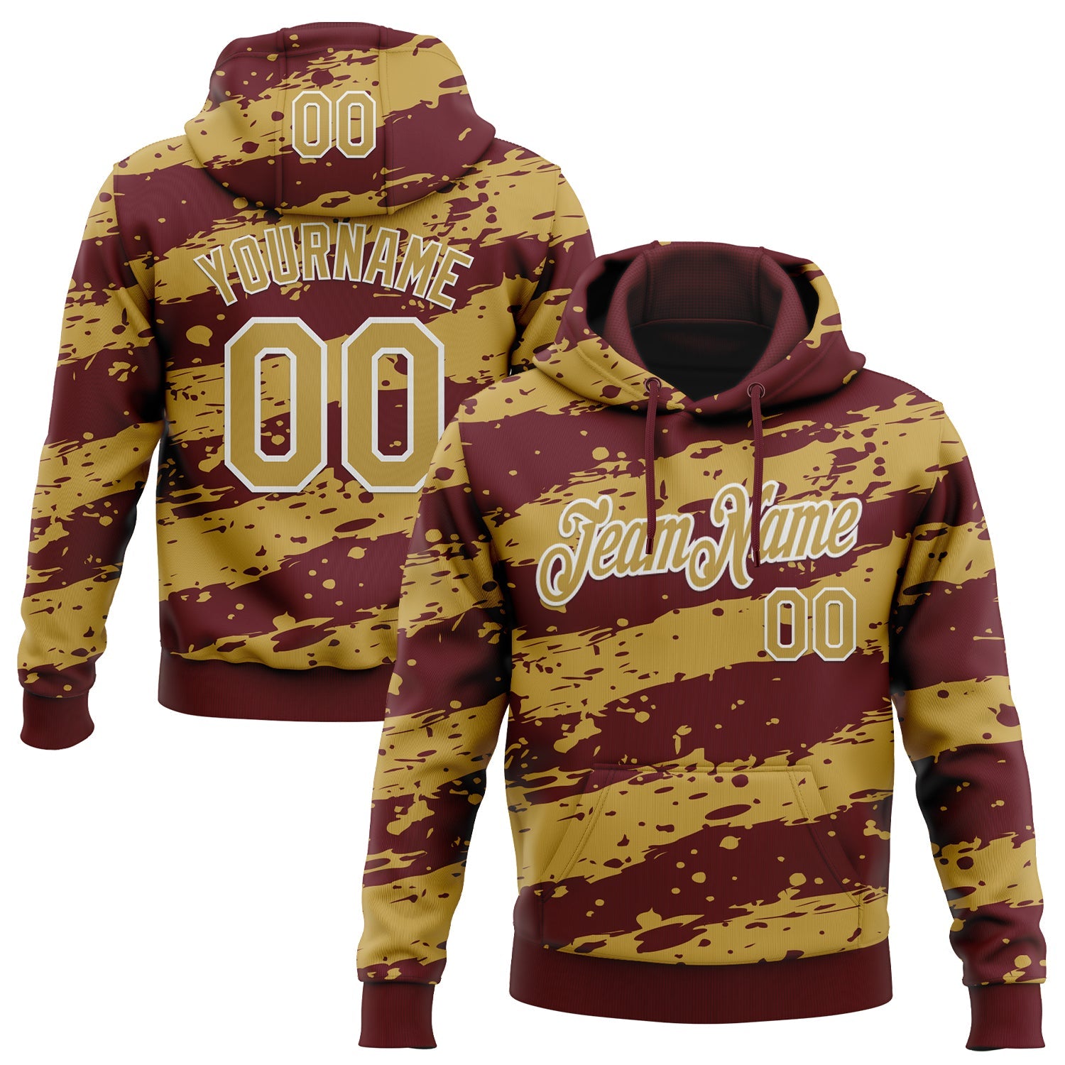 Custom Stitched Burgundy Old Gold-White Splash Torn Paper Style Sports Pullover Sweatshirt Hoodie - Main View