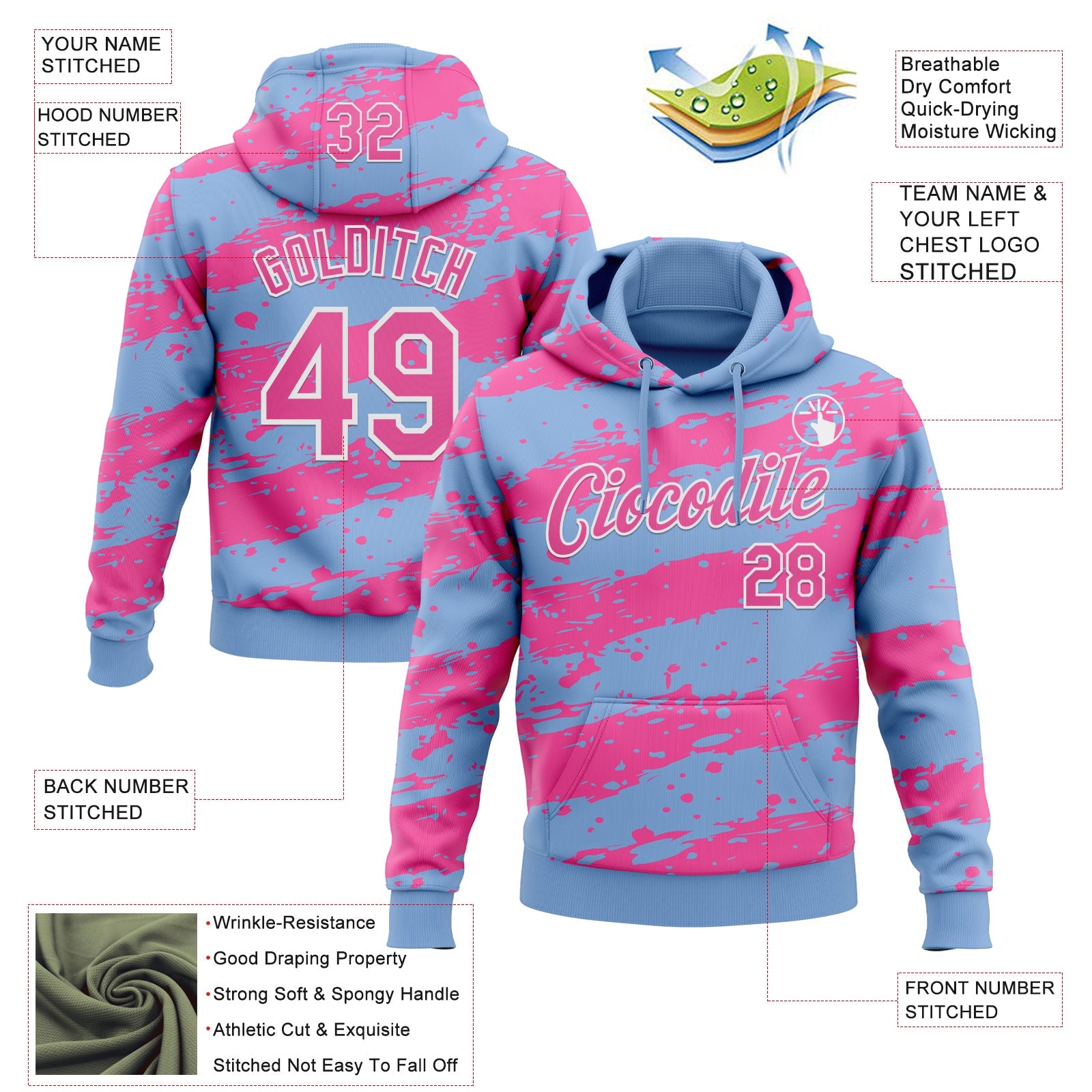 Custom Stitched Light Blue Pink-White Splash Torn Paper Style Sports Pullover Sweatshirt Hoodie view 4