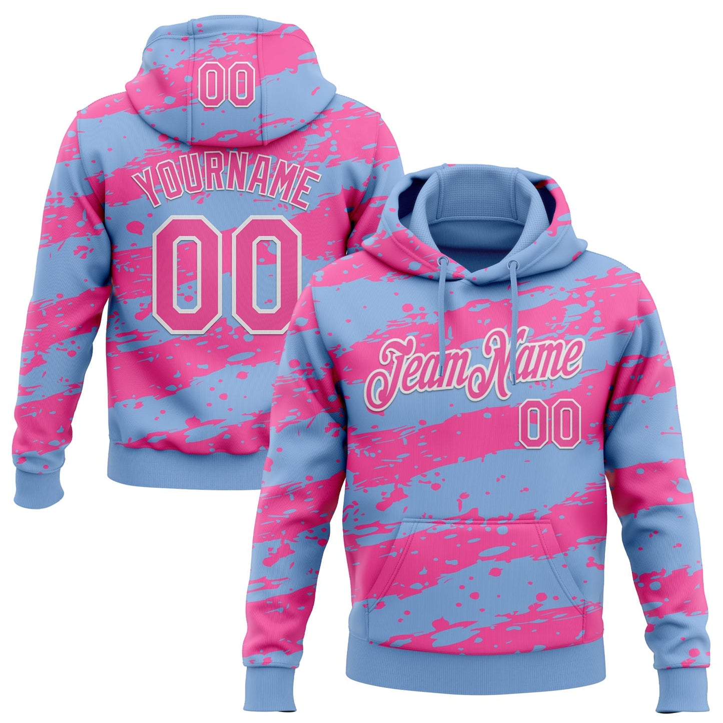 Custom Stitched Light Blue Pink-White Splash Torn Paper Style Sports Pullover Sweatshirt Hoodie - Main View