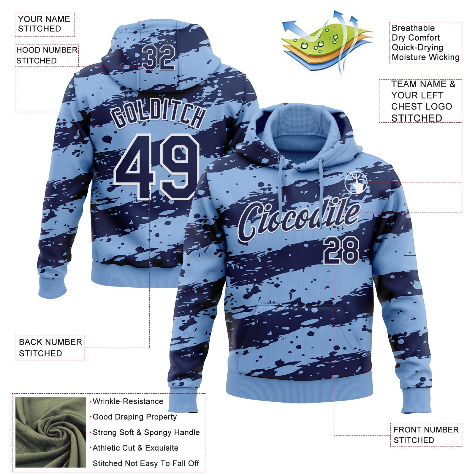 Custom Stitched Light Blue Navy-White Splash Torn Paper Style Sports Pullover Sweatshirt Hoodie view 4
