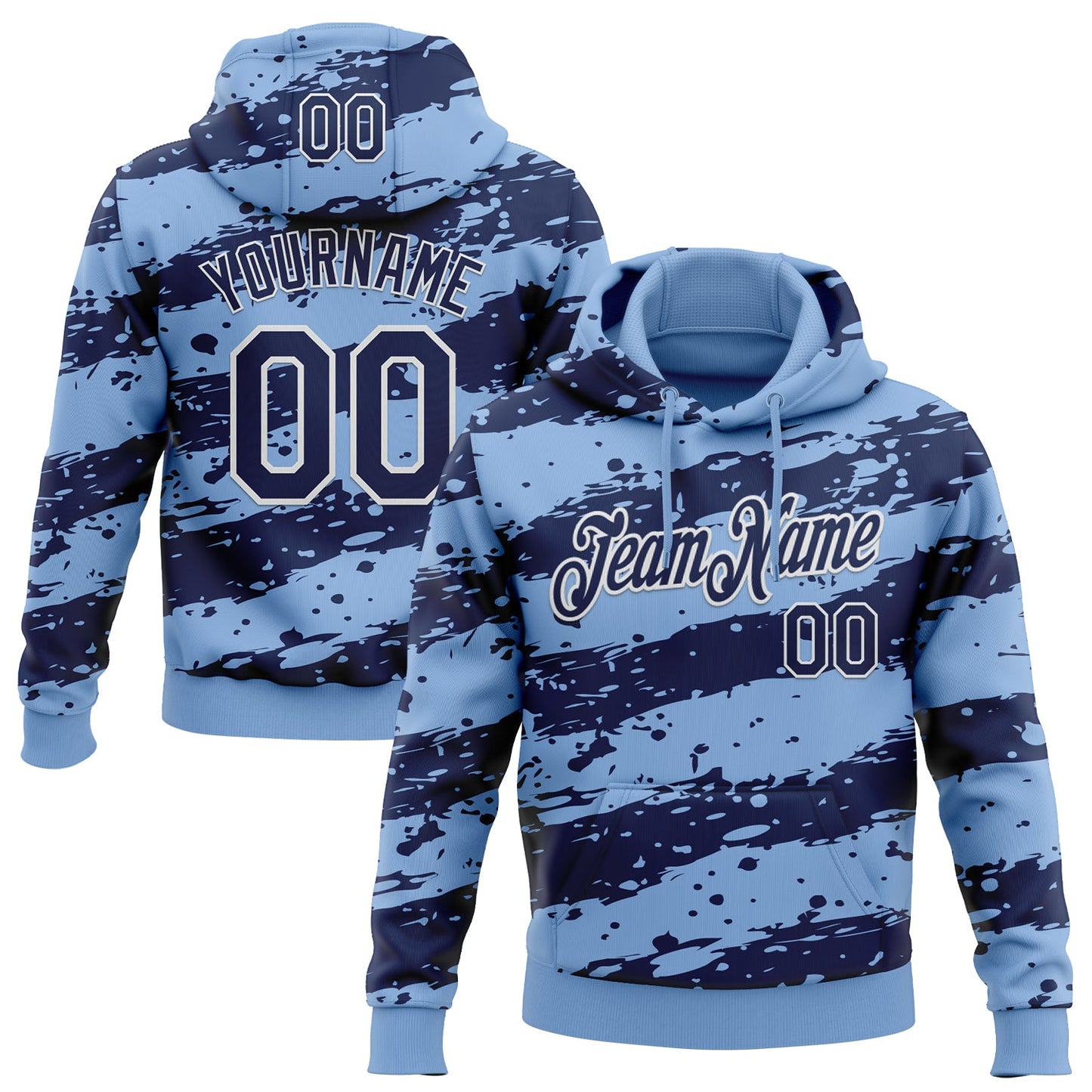 Custom Stitched Light Blue Navy-White Splash Torn Paper Style Sports Pullover Sweatshirt Hoodie - Main View
