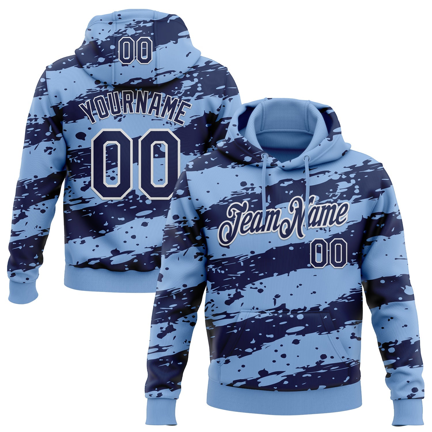 Custom Stitched Light Blue Navy-White Splash Torn Paper Style Sports Pullover Sweatshirt Hoodie - Main View