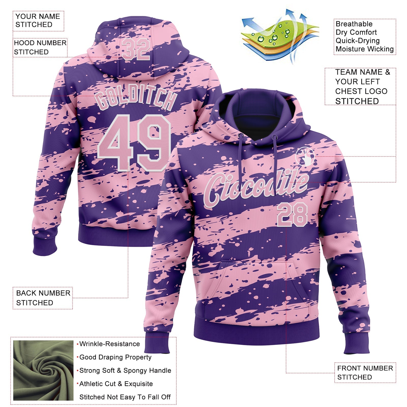 Custom Stitched Purple Light Pink-White Splash Torn Paper Style Sports Pullover Sweatshirt Hoodie view 4