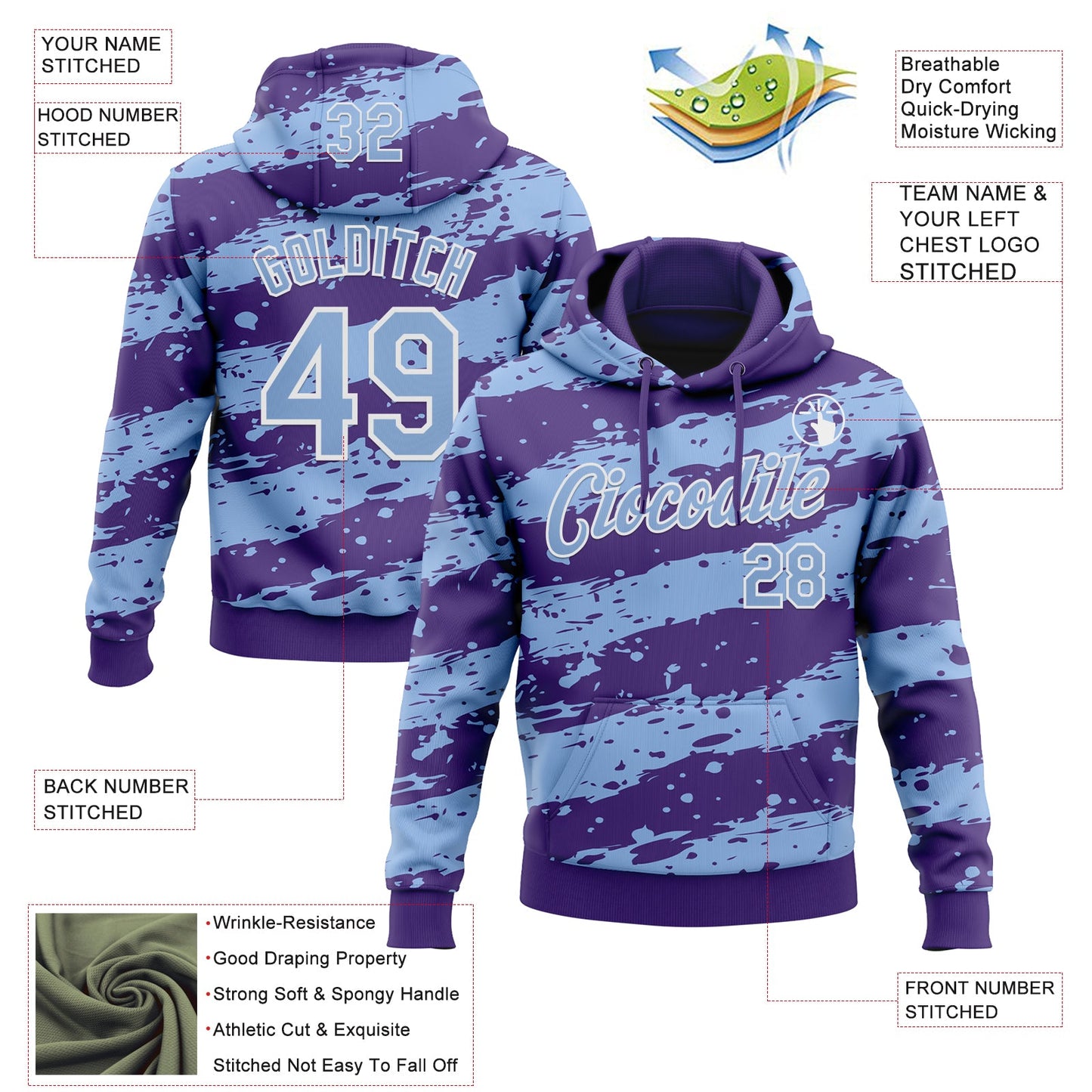 Custom Stitched Purple Light Blue-White Splash Torn Paper Style Sports Pullover Sweatshirt Hoodie view 4