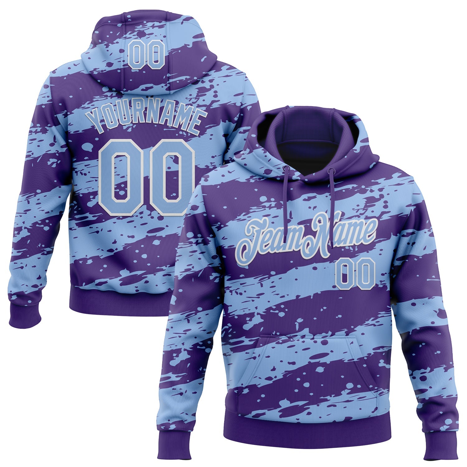 Custom Stitched Purple Light Blue-White Splash Torn Paper Style Sports Pullover Sweatshirt Hoodie - Main View
