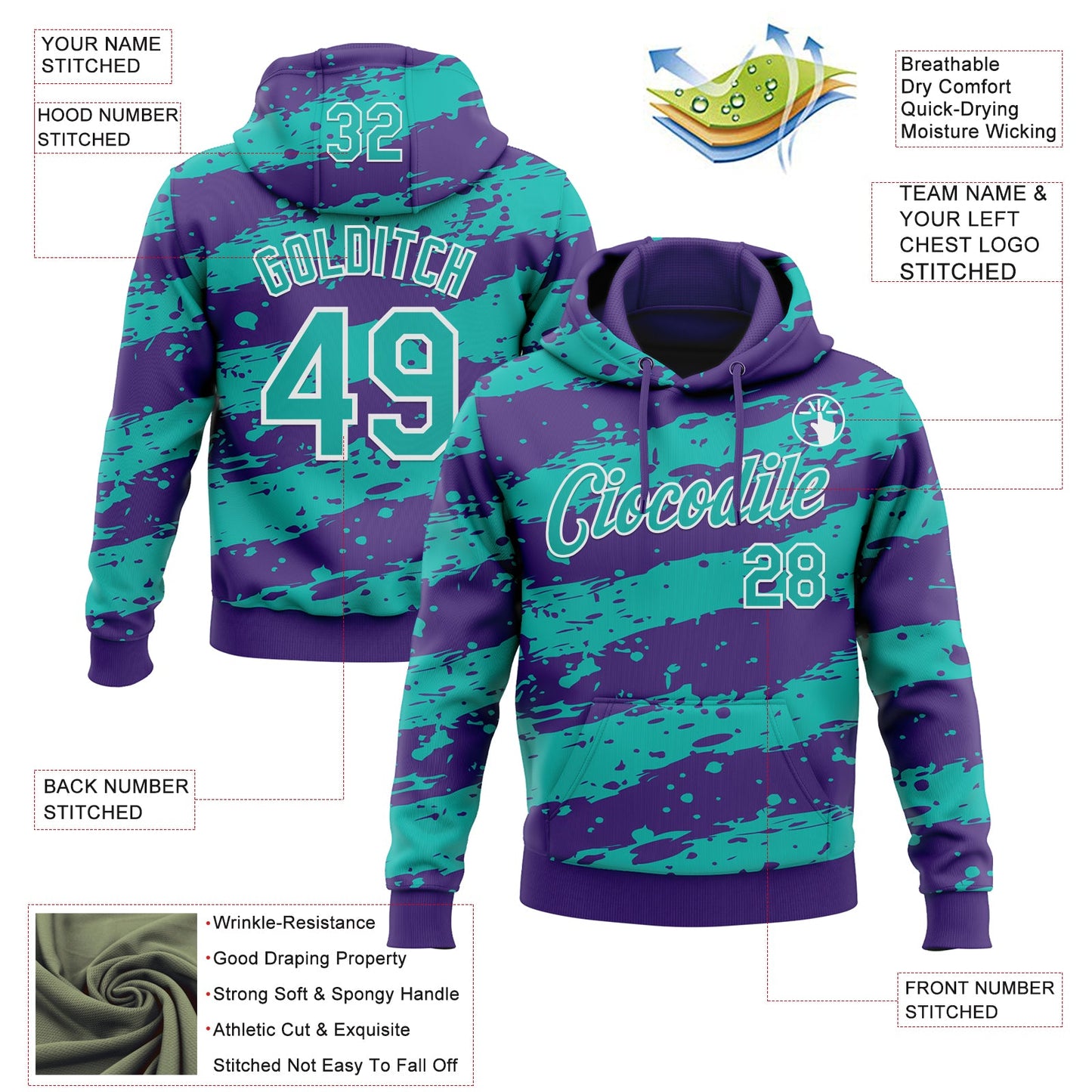 Custom Stitched Purple Aqua-White Splash Torn Paper Style Sports Pullover Sweatshirt Hoodie view 4