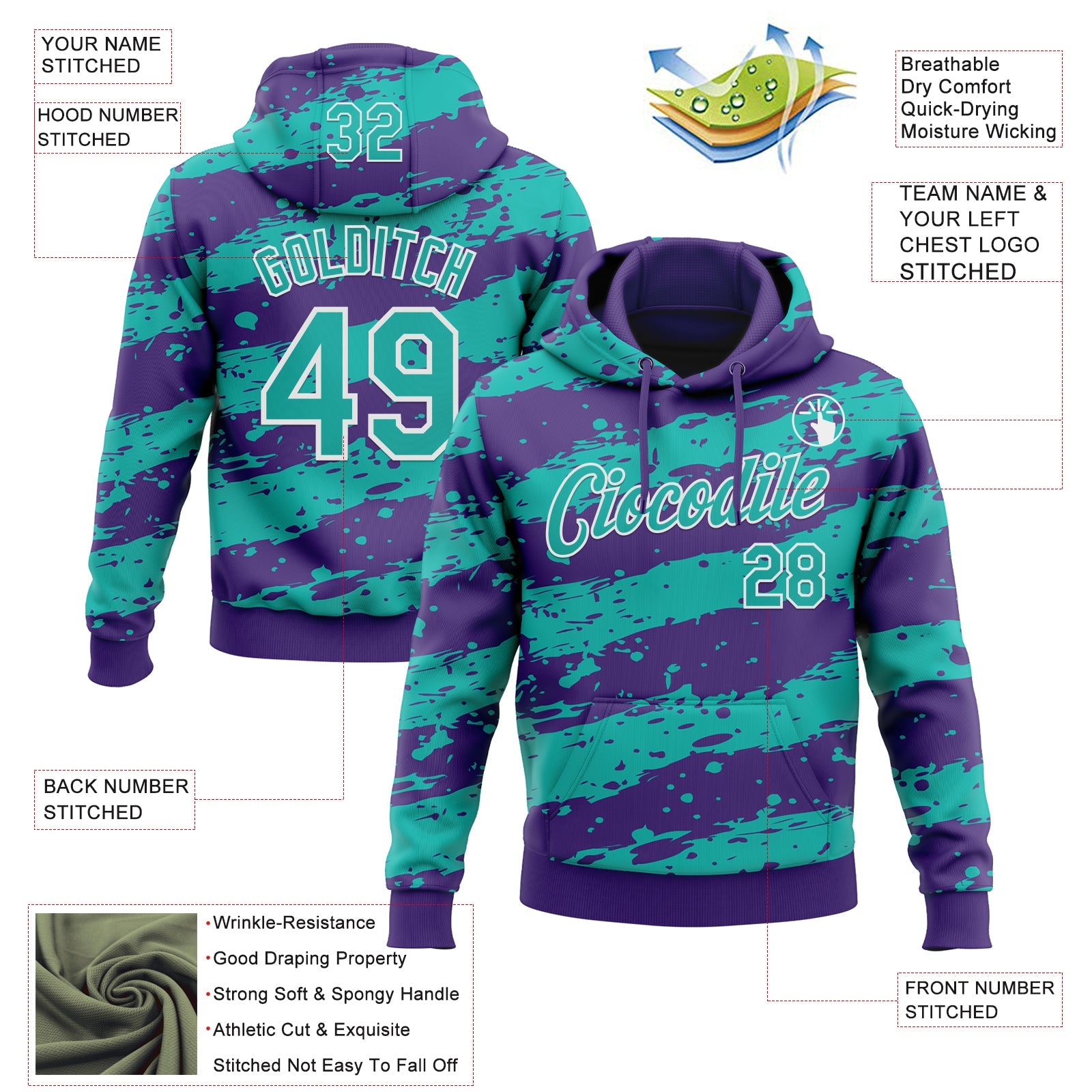 Custom Stitched Purple Aqua-White Splash Torn Paper Style Sports Pullover Sweatshirt Hoodie view 4
