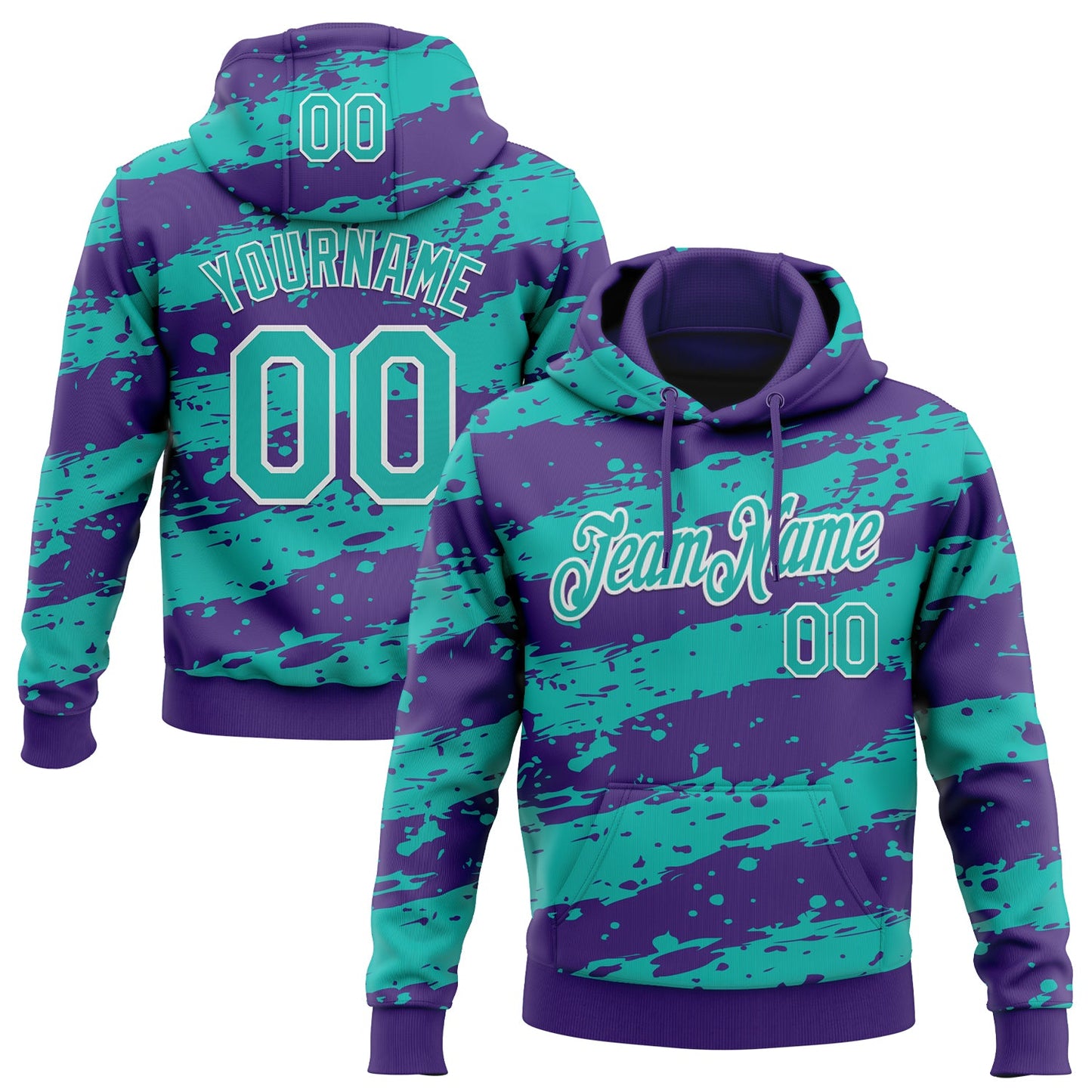 Custom Stitched Purple Aqua-White Splash Torn Paper Style Sports Pullover Sweatshirt Hoodie - Main View