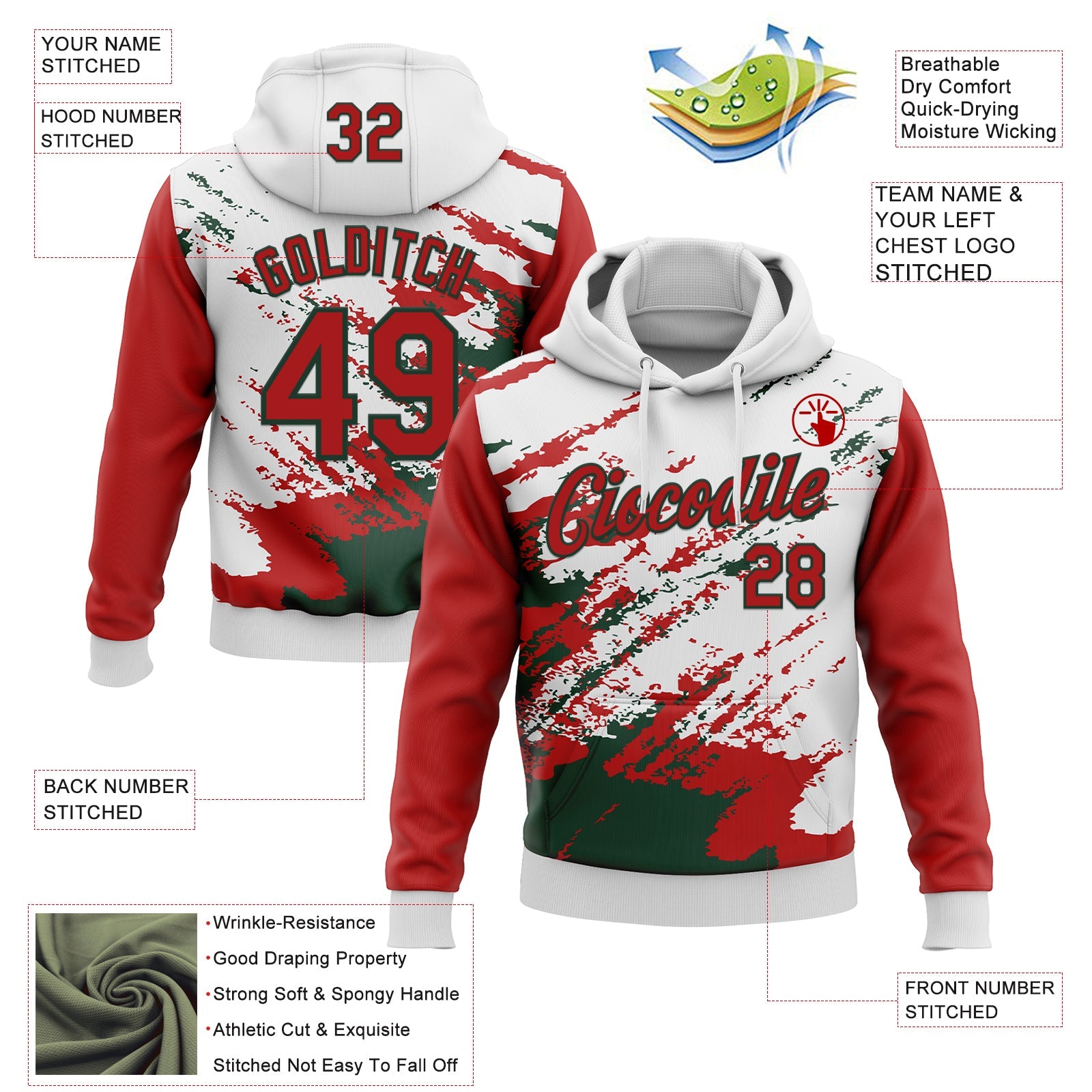 Custom Stitched White Red-Green 3D Pattern Design Abstract Fragment Art Splash Sports Pullover Sweatshirt Hoodie view 2
