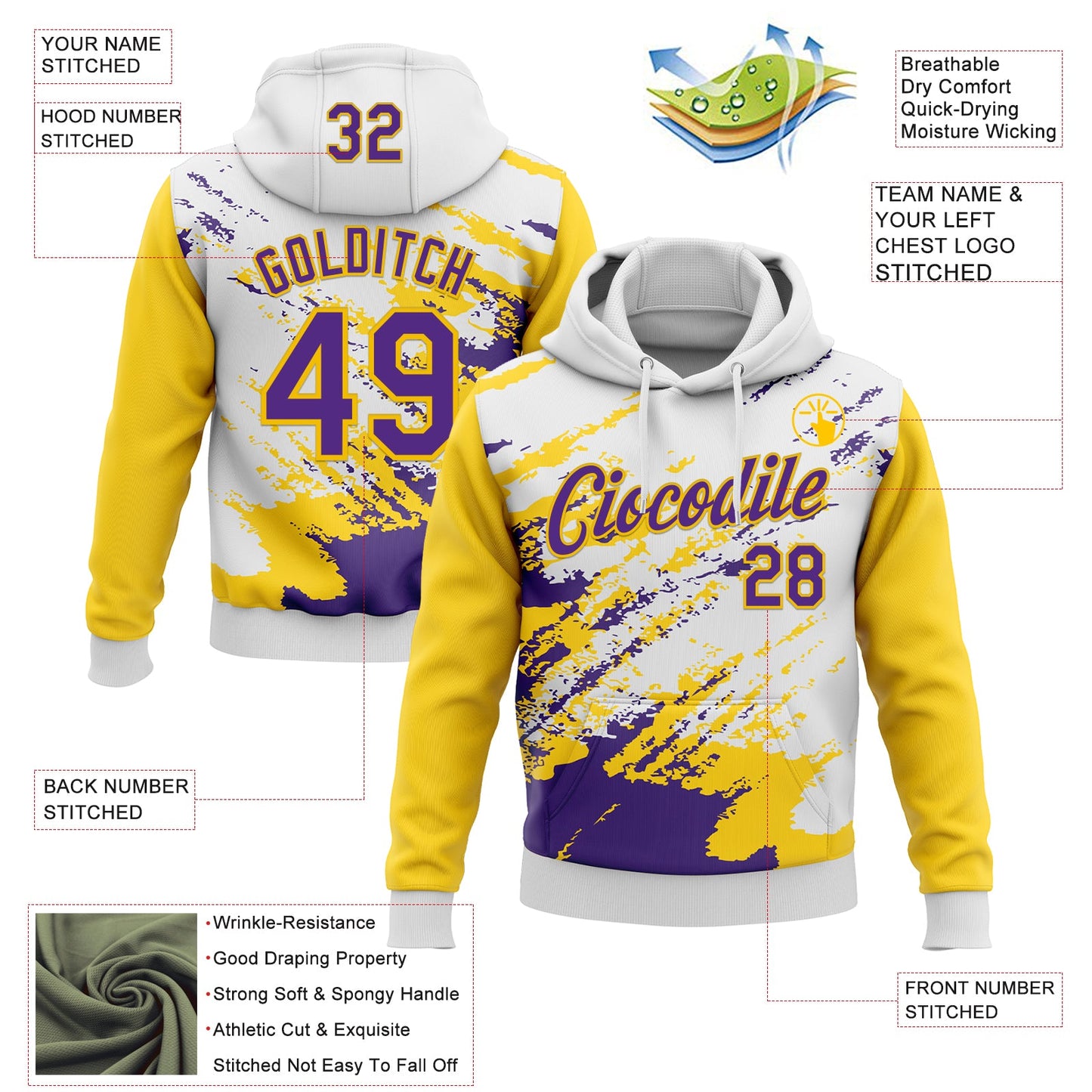 Custom Stitched White Purple-Yellow 3D Pattern Design Abstract Fragment Art Splash Sports Pullover Sweatshirt Hoodie view 2