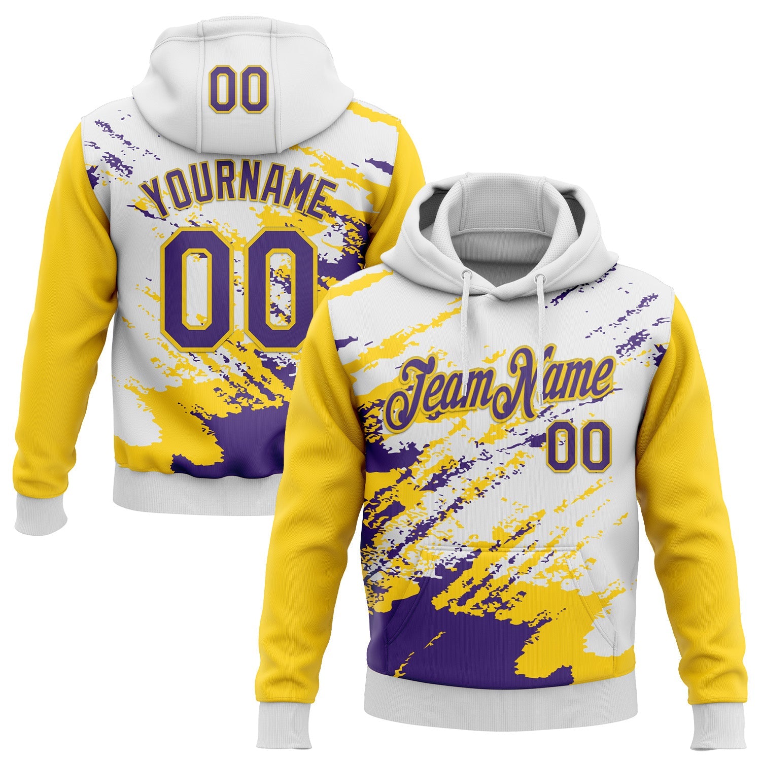 Custom Stitched White Purple-Yellow 3D Pattern Design Abstract Fragment Art Splash Sports Pullover Sweatshirt Hoodie - Main View