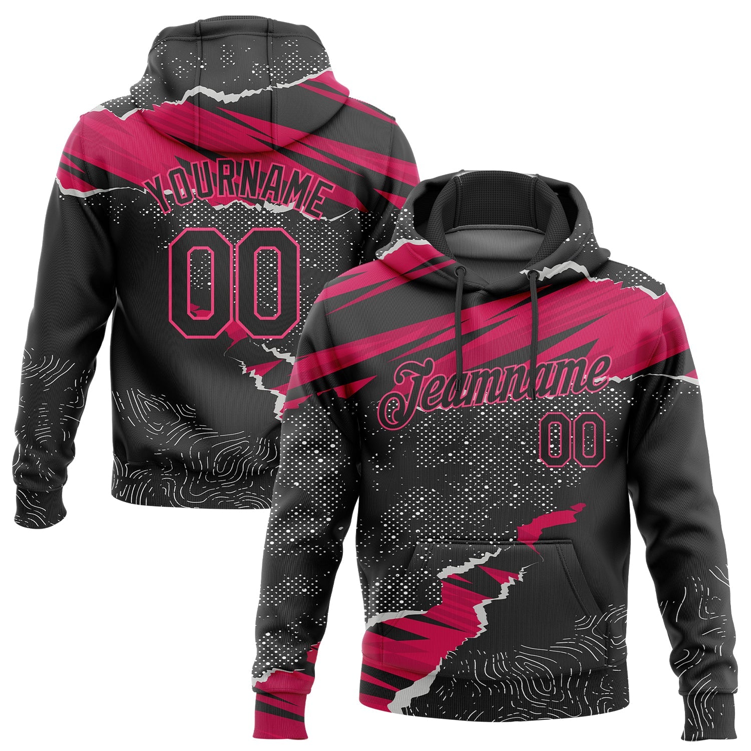 Custom Stitched Black Pink-White 3D Pattern Design Torn Paper Style Sports Pullover Sweatshirt Hoodie - Main View