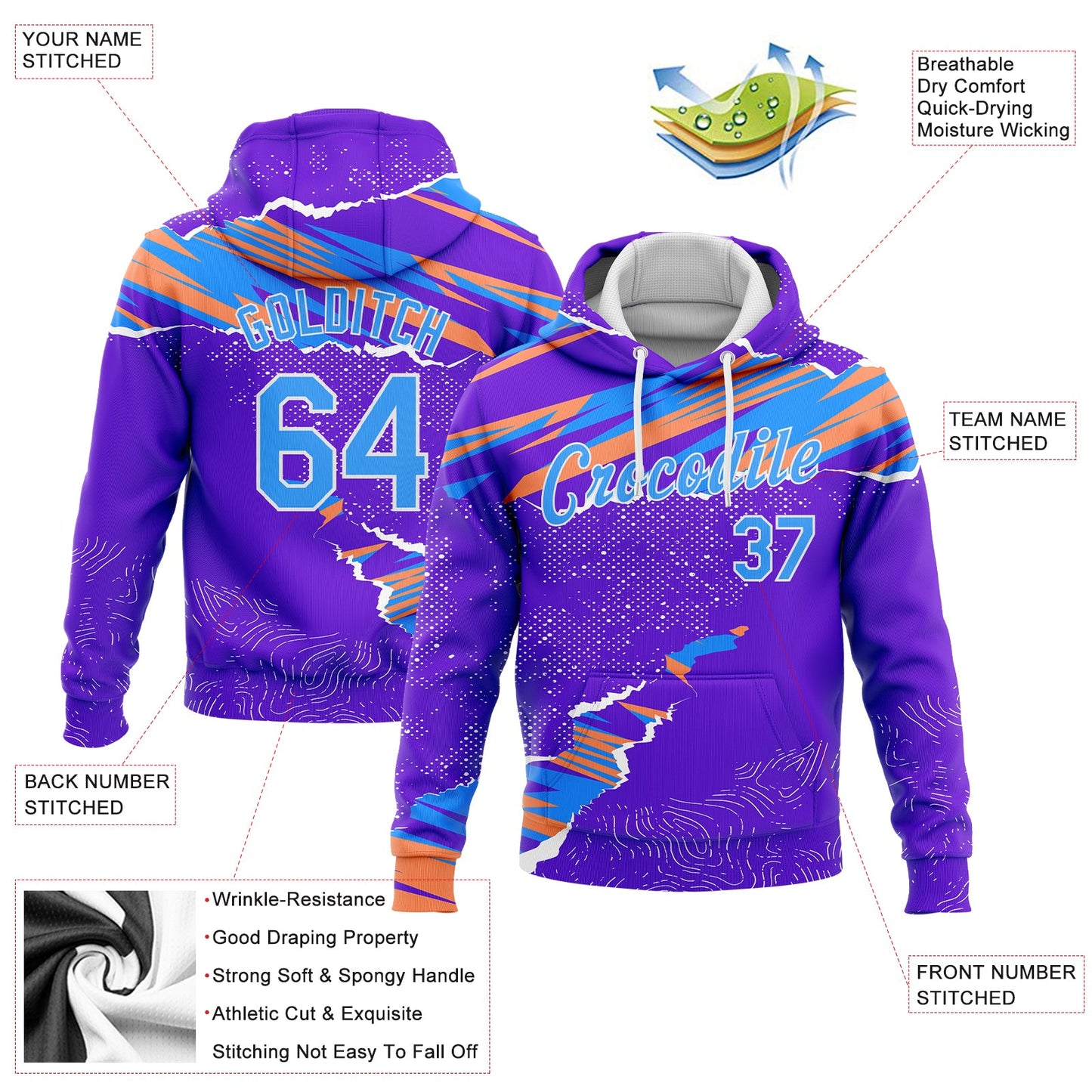 Custom Stitched Purple Light Blue Orange-White 3D Pattern Design Sports Pullover Sweatshirt Hoodie view 2