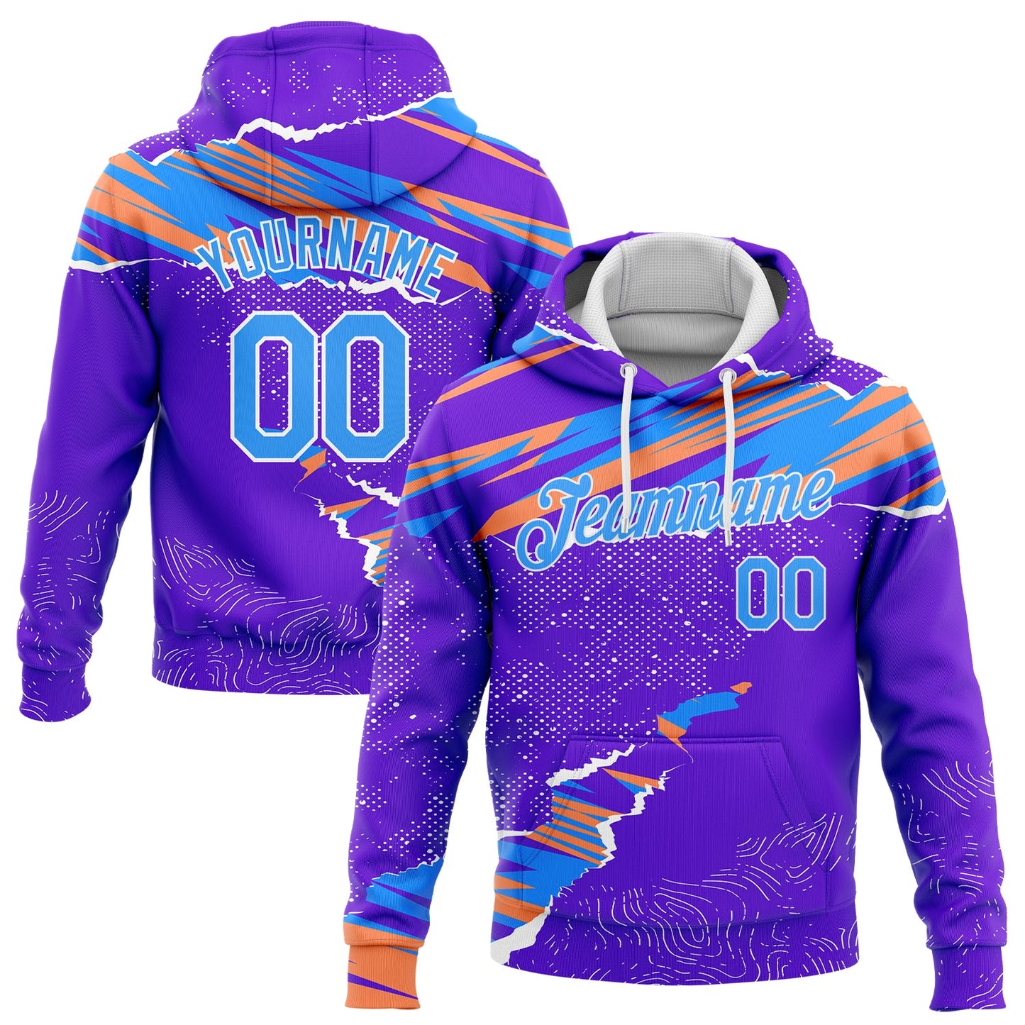Custom Stitched Purple Light Blue Orange-White 3D Pattern Design Sports Pullover Sweatshirt Hoodie - Main View