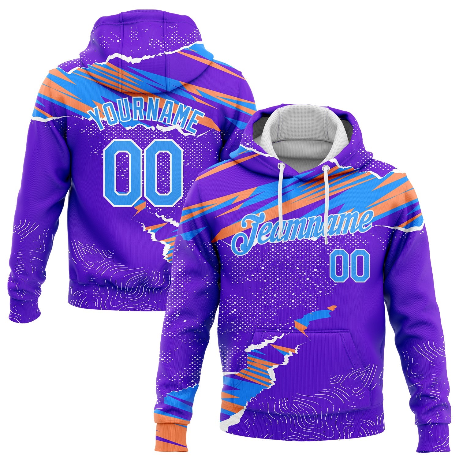Custom Stitched Purple Light Blue Orange-White 3D Pattern Design Sports Pullover Sweatshirt Hoodie - Main View