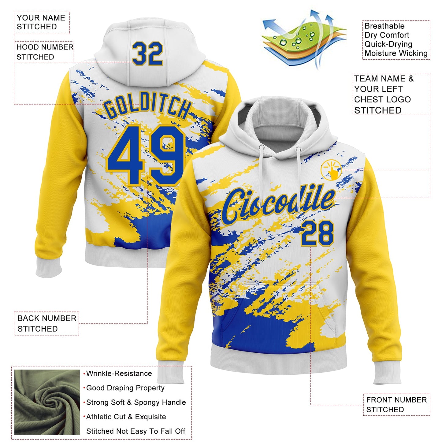Custom Stitched White Thunder Blue-Yellow 3D Pattern Design Abstract Fragment Art Splash Sports Pullover Sweatshirt Hoodie view 2