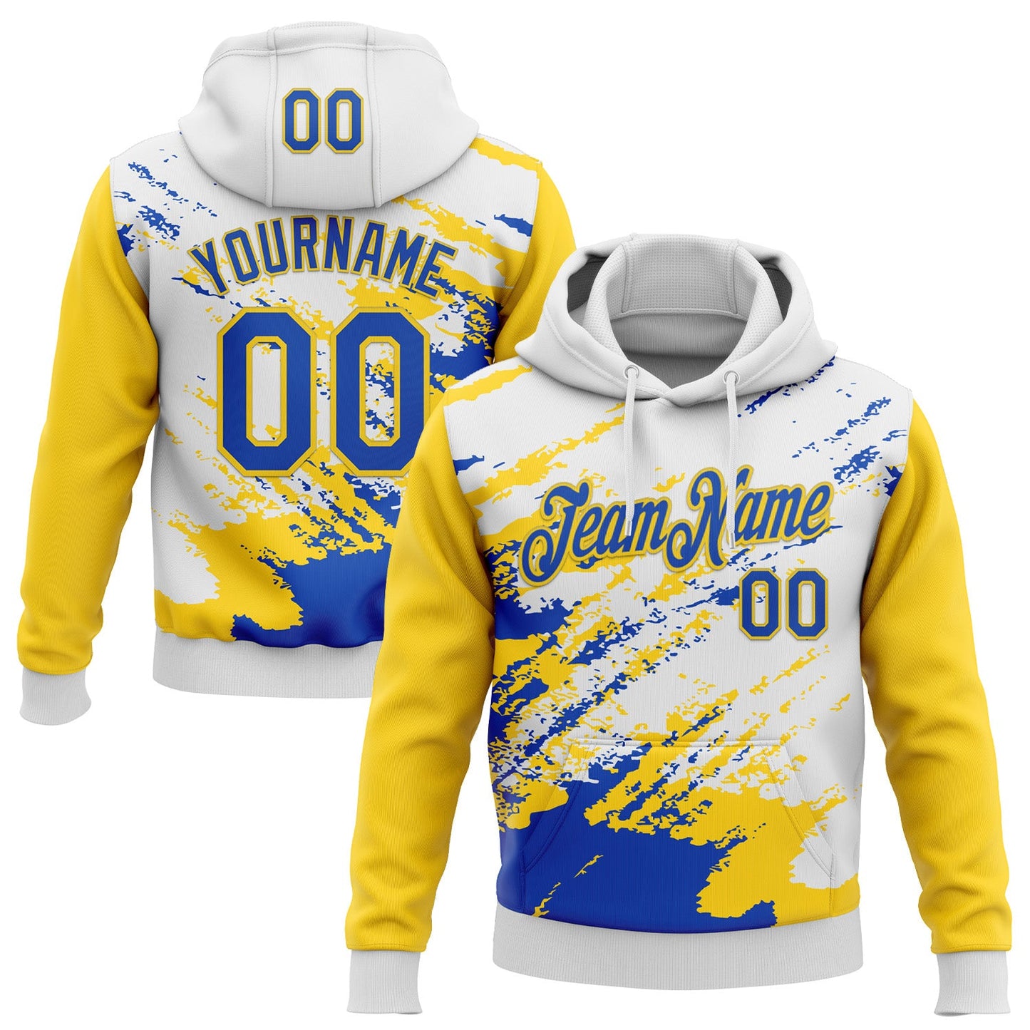 Custom Stitched White Thunder Blue-Yellow 3D Pattern Design Abstract Fragment Art Splash Sports Pullover Sweatshirt Hoodie - Main View
