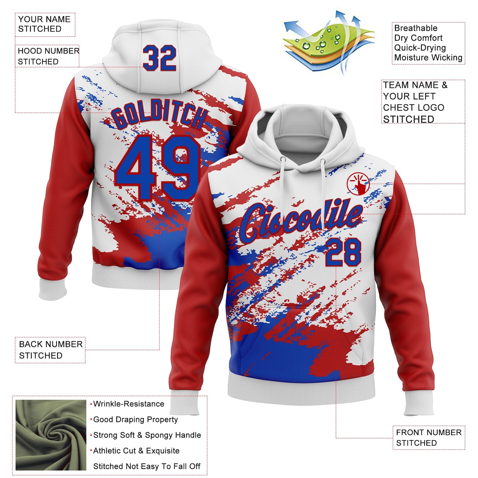 Custom Stitched White Thunder Blue-Red 3D Pattern Design Abstract Fragment Art Splash Sports Pullover Sweatshirt Hoodie view 2