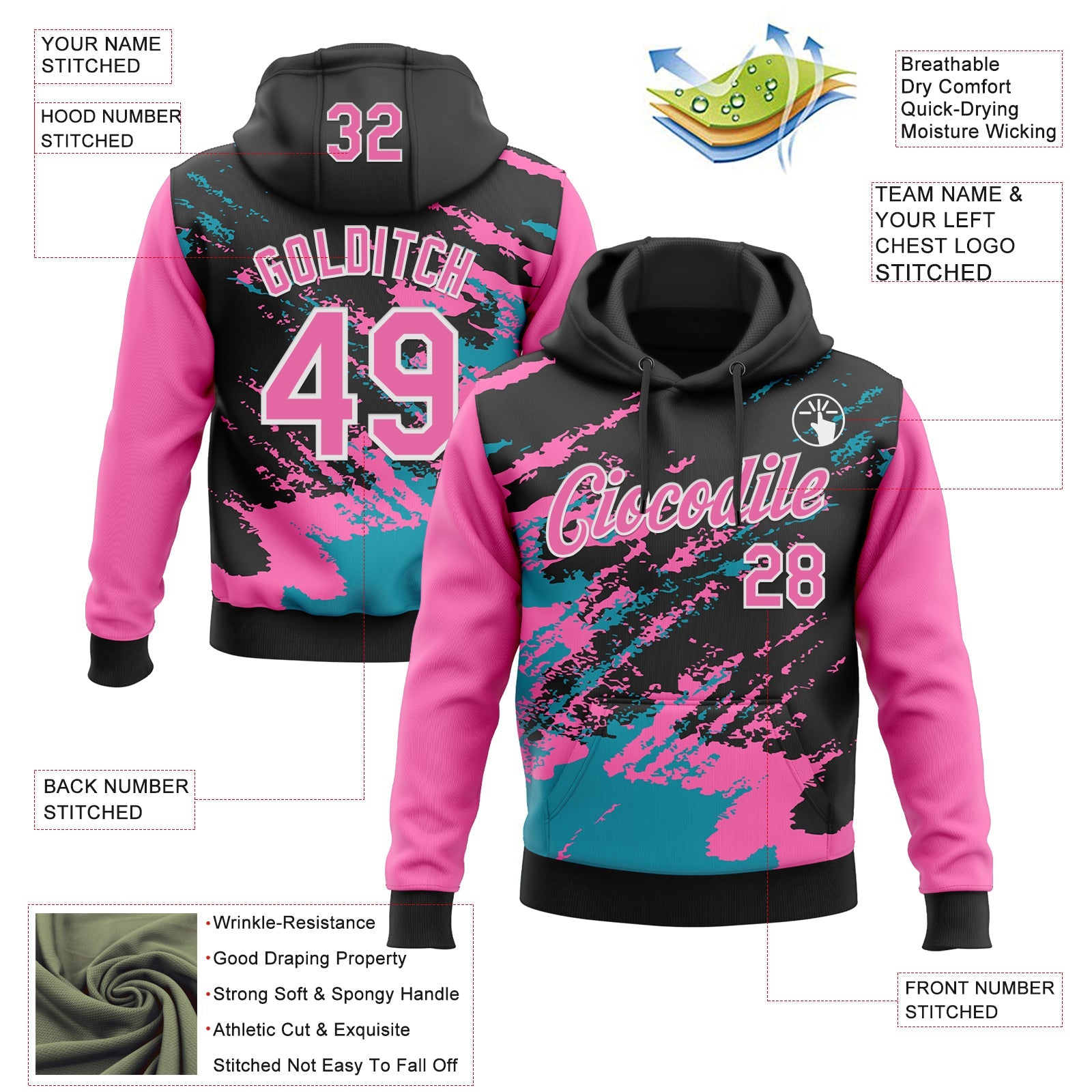 Custom Stitched Black Pink Teal-White 3D Pattern Design Abstract Fragment Art Splash Sports Pullover Sweatshirt Hoodie view 2
