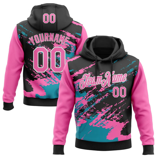 Custom Stitched Black Pink Teal-White 3D Pattern Design Abstract Fragment Art Splash Sports Pullover Sweatshirt Hoodie - Main View