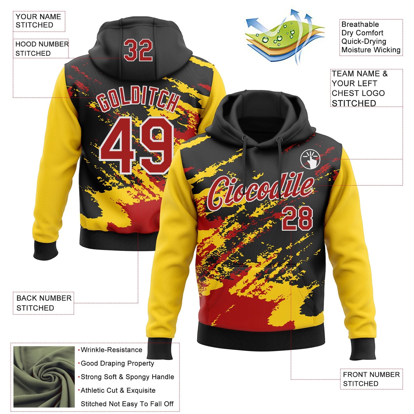 Custom Stitched Black Red Yellow-White 3D Pattern Design Abstract Fragment Art Splash Sports Pullover Sweatshirt Hoodie view 2