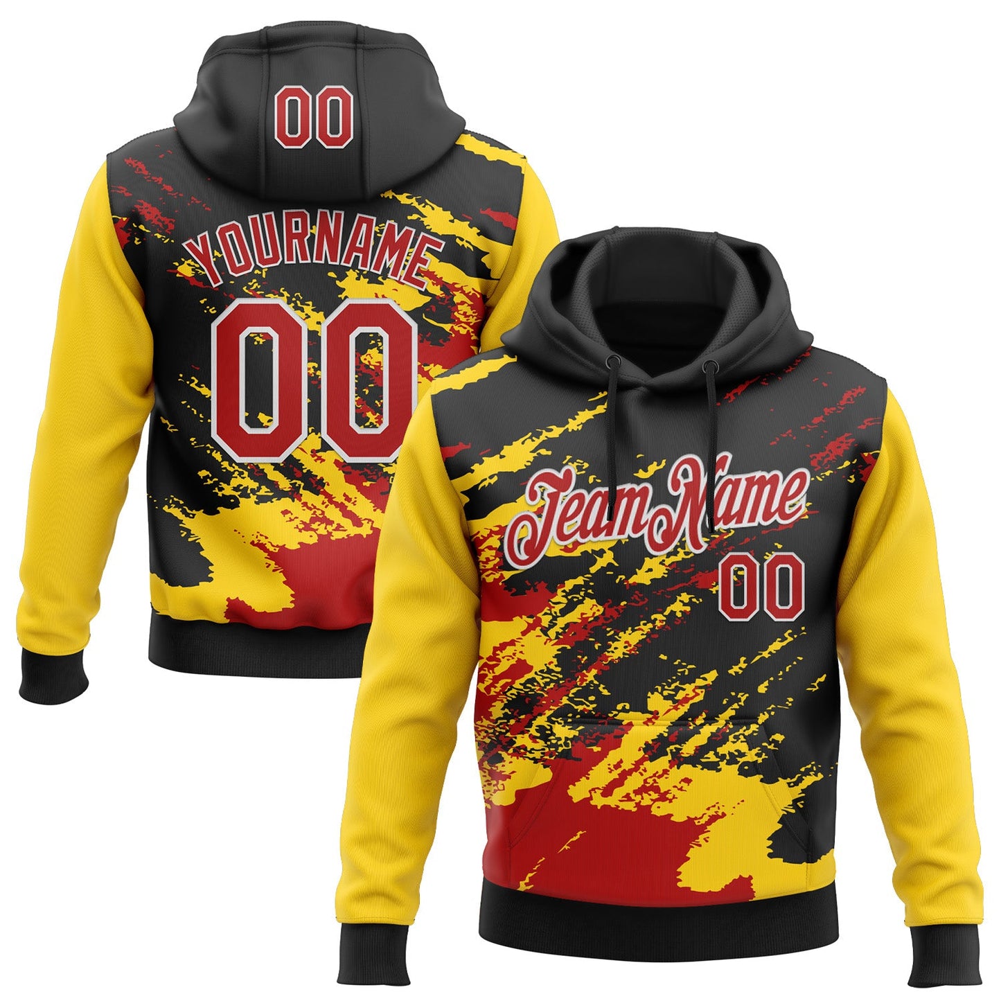 Custom Stitched Black Red Yellow-White 3D Pattern Design Abstract Fragment Art Splash Sports Pullover Sweatshirt Hoodie - Main View