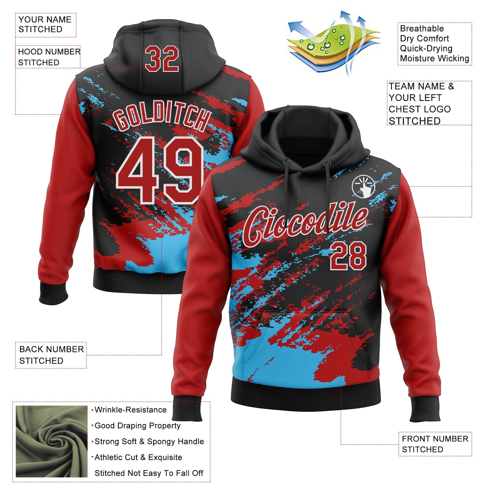 Custom Stitched Black Red Sky Blue-White 3D Pattern Design Abstract Fragment Art Splash Sports Pullover Sweatshirt Hoodie view 2