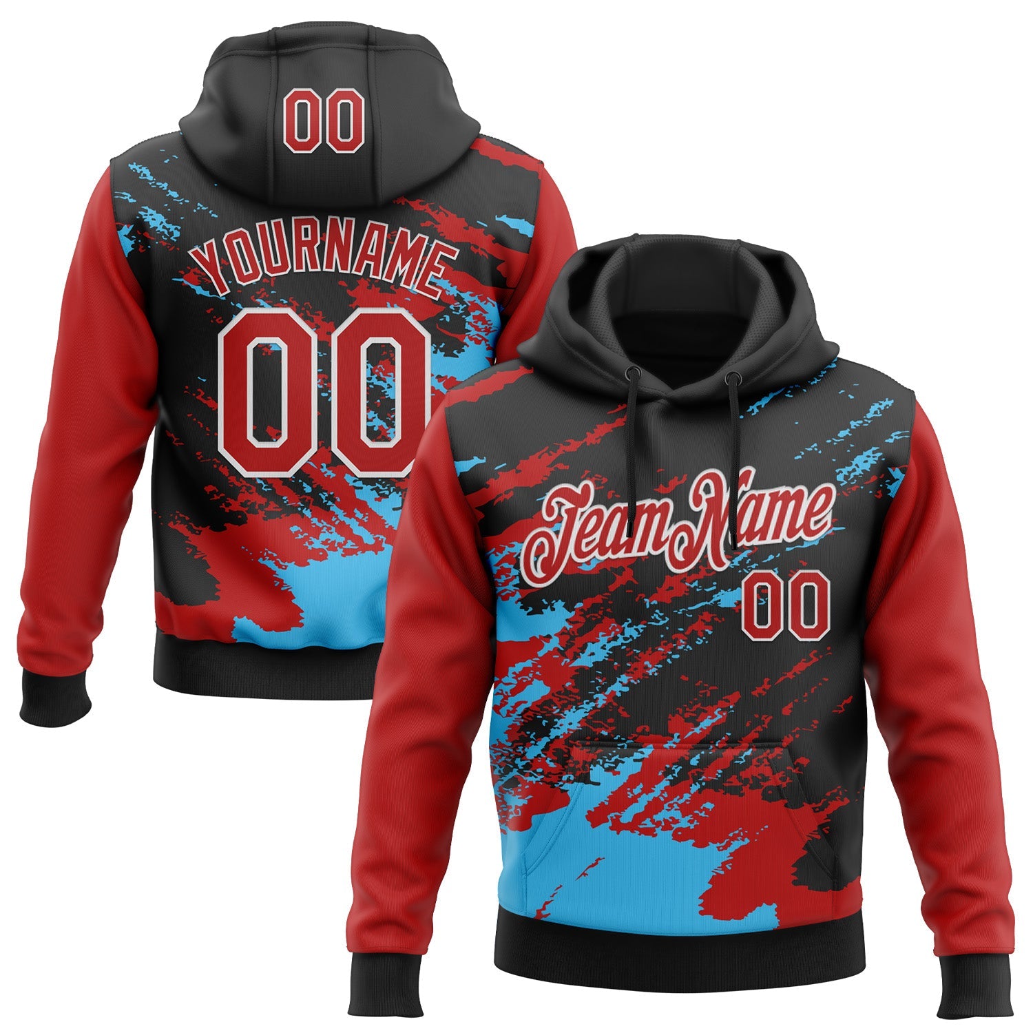Custom Stitched Black Red Sky Blue-White 3D Pattern Design Abstract Fragment Art Splash Sports Pullover Sweatshirt Hoodie - Main View