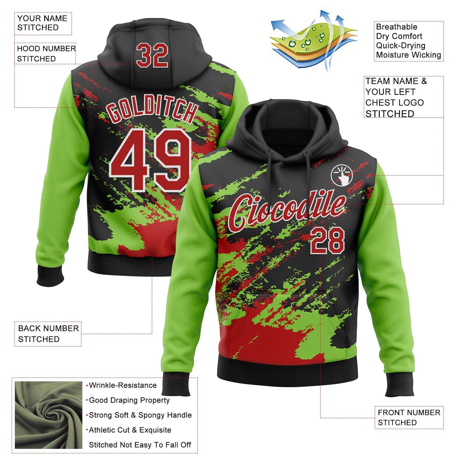 Custom Stitched Black Red Neon Green-White 3D Pattern Design Abstract Fragment Art Splash Sports Pullover Sweatshirt Hoodie view 2