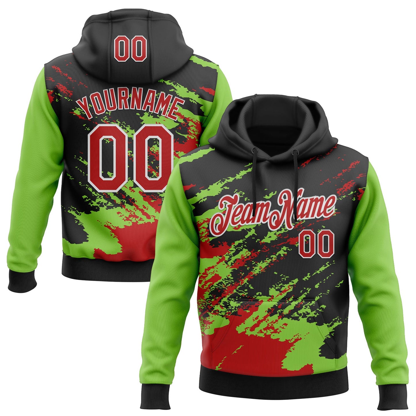 Custom Stitched Black Red Neon Green-White 3D Pattern Design Abstract Fragment Art Splash Sports Pullover Sweatshirt Hoodie - Main View