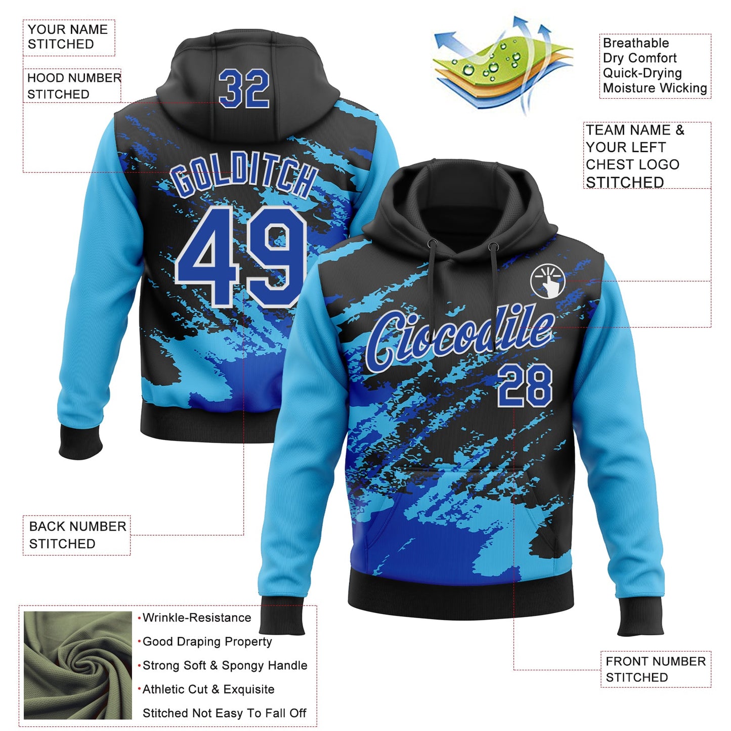 Custom Stitched Black Thunder Blue Sky Blue-White 3D Pattern Design Abstract Fragment Art Splash Sports Pullover Sweatshirt Hoodie view 2