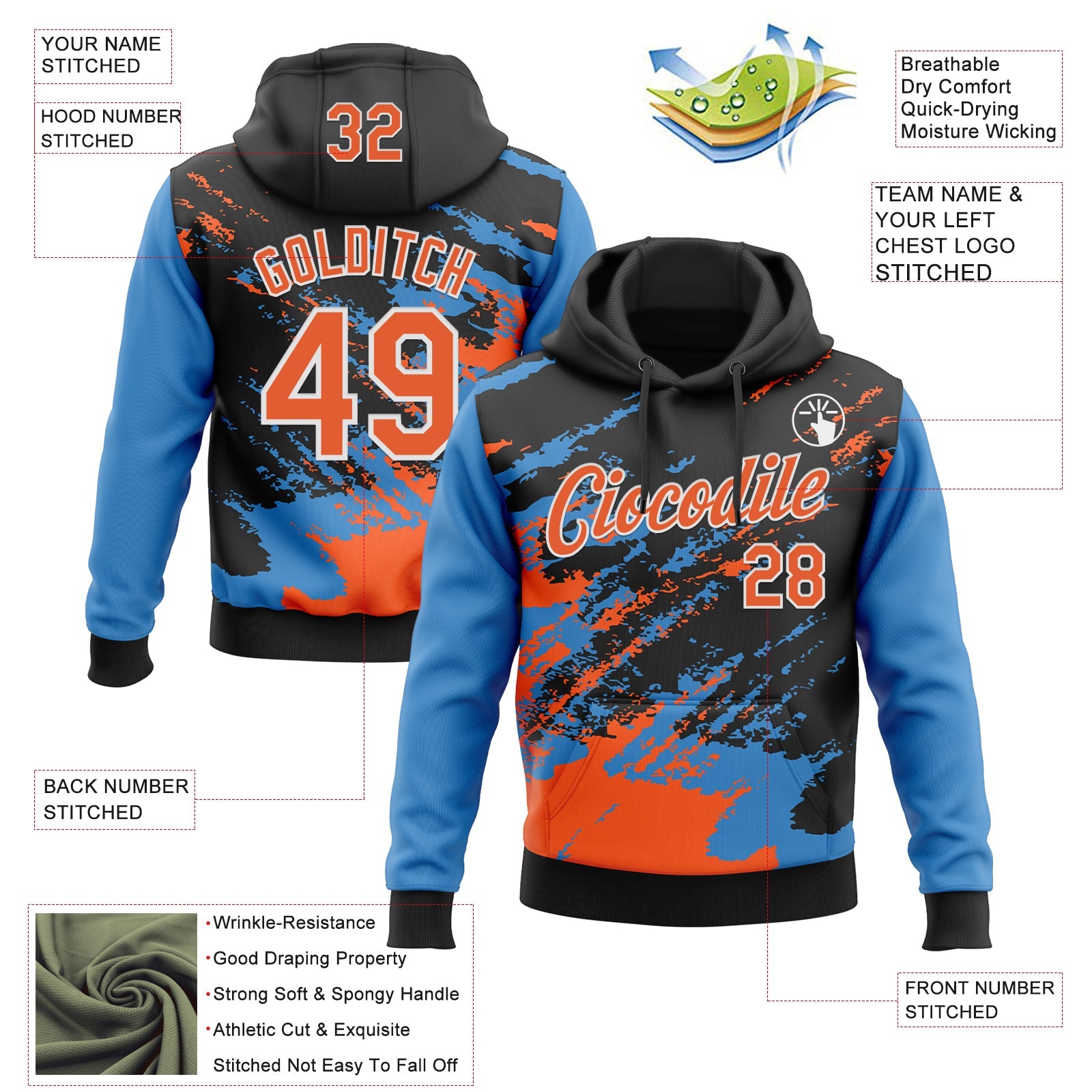 Custom Stitched Black Orange Powder Blue-White 3D Pattern Design Abstract Fragment Art Splash Sports Pullover Sweatshirt Hoodie view 2