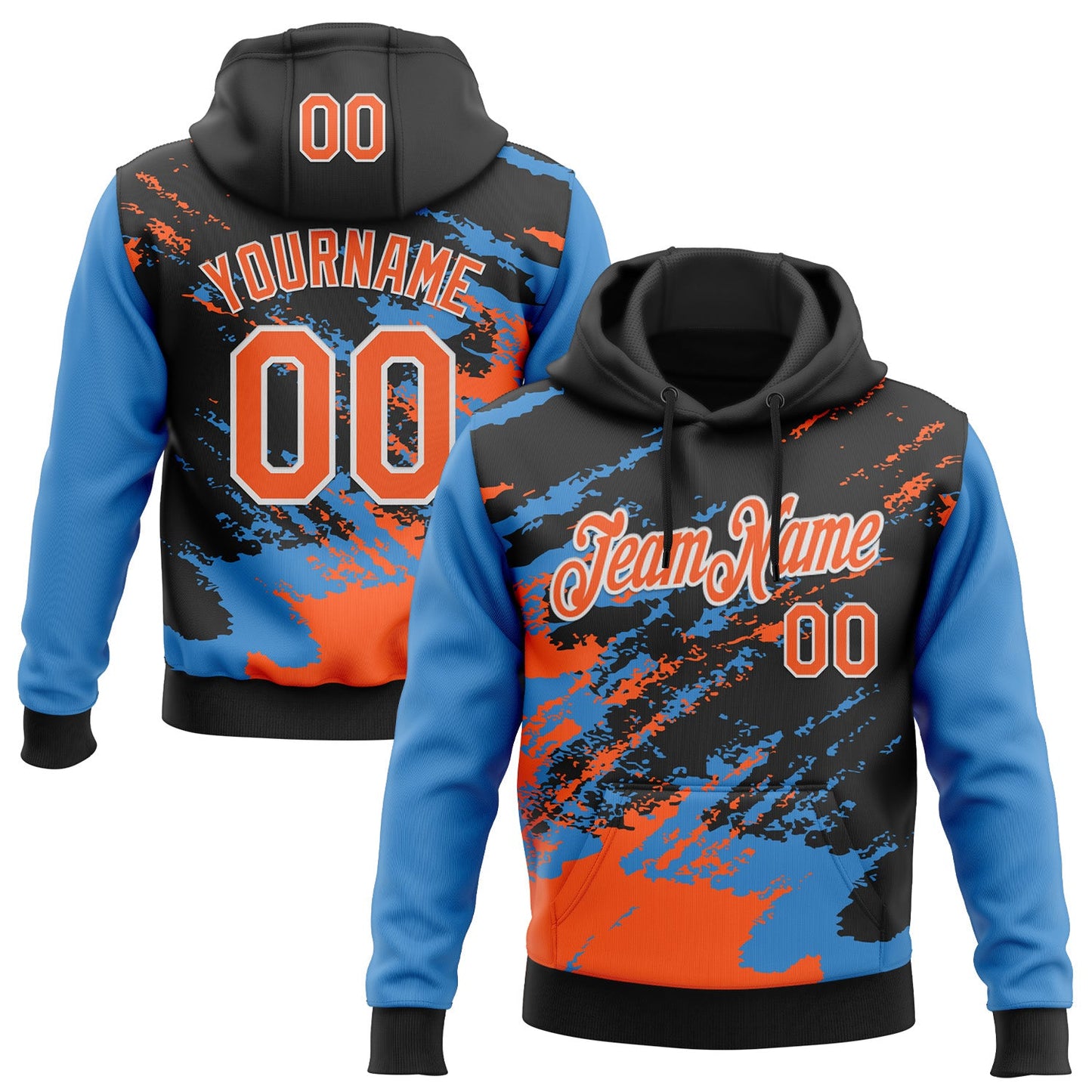 Custom Stitched Black Orange Powder Blue-White 3D Pattern Design Abstract Fragment Art Splash Sports Pullover Sweatshirt Hoodie - Main View