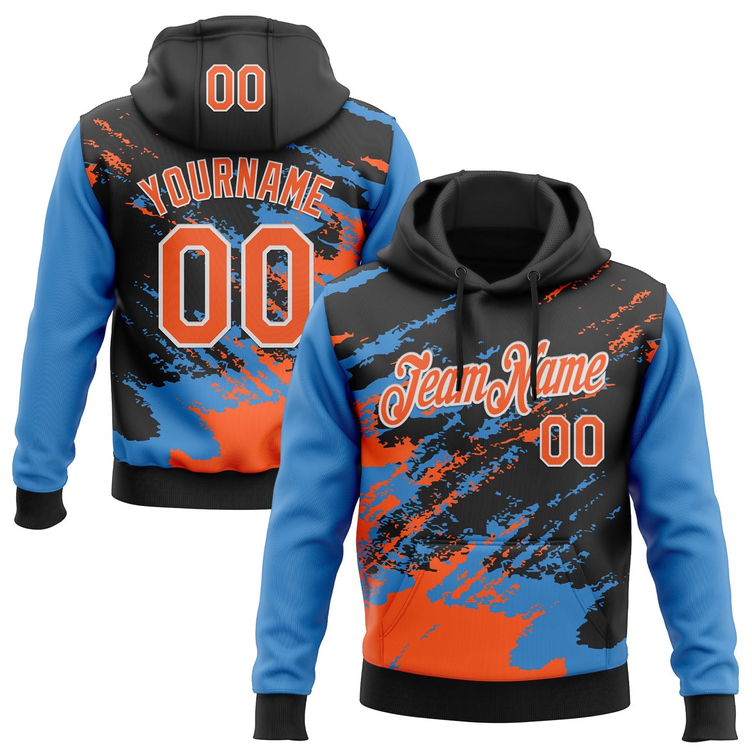 Custom Stitched Black Orange Powder Blue-White 3D Pattern Design Abstract Fragment Art Splash Sports Pullover Sweatshirt Hoodie - Main View