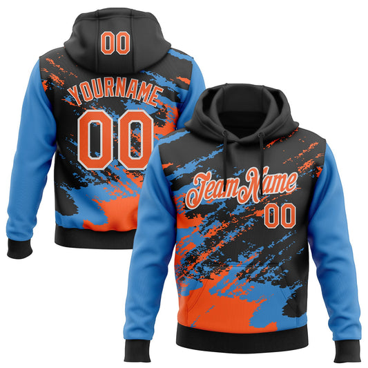 Custom Stitched Black Orange Powder Blue-White 3D Pattern Design Abstract Fragment Art Splash Sports Pullover Sweatshirt Hoodie - Main View
